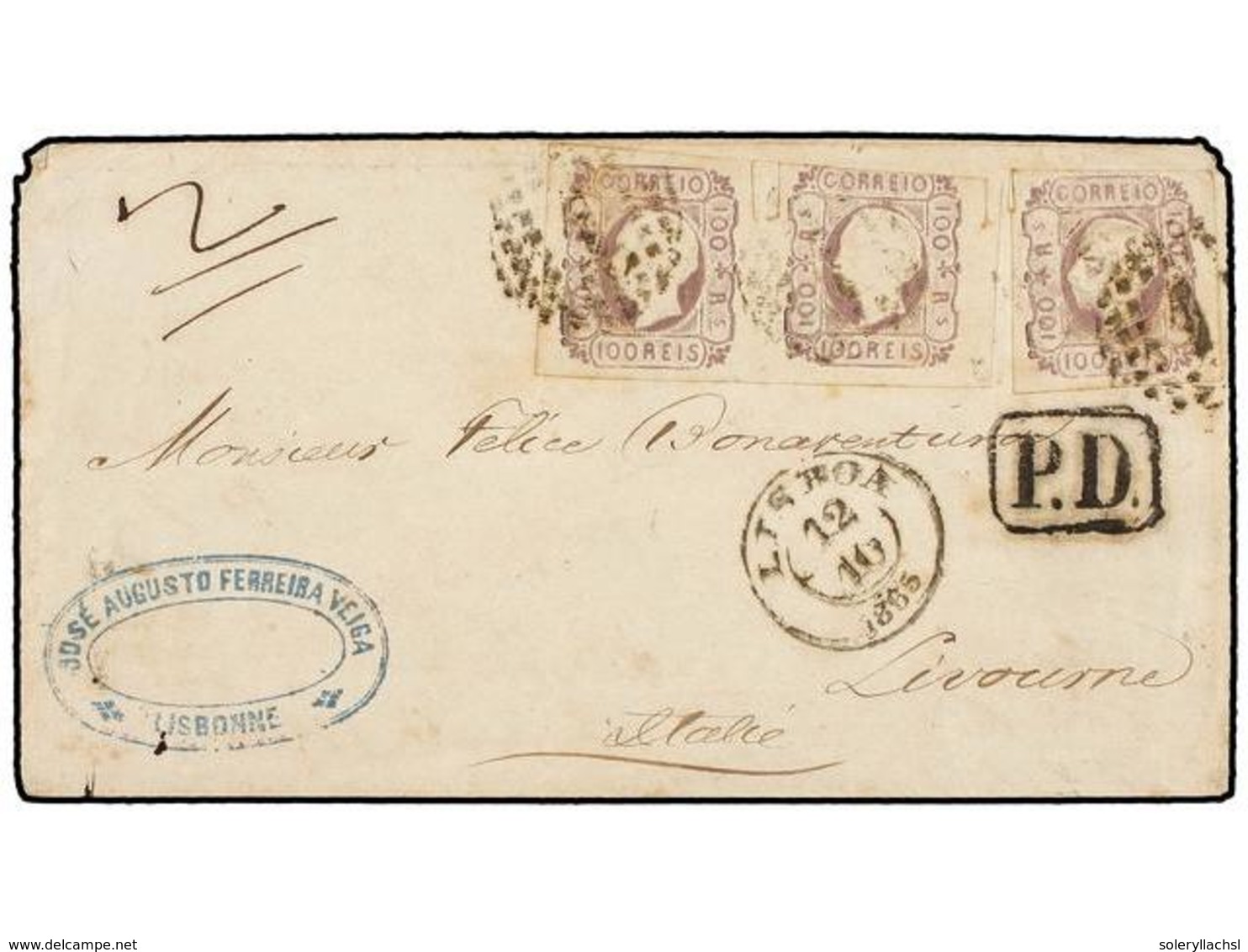 828 PORTUGAL. Af.18. 1865 (Oct. 12). Cover To LIVORNO (Italy) Endorsed As Double Weight, Mailed From LISBON With 1862-64 - Autres & Non Classés