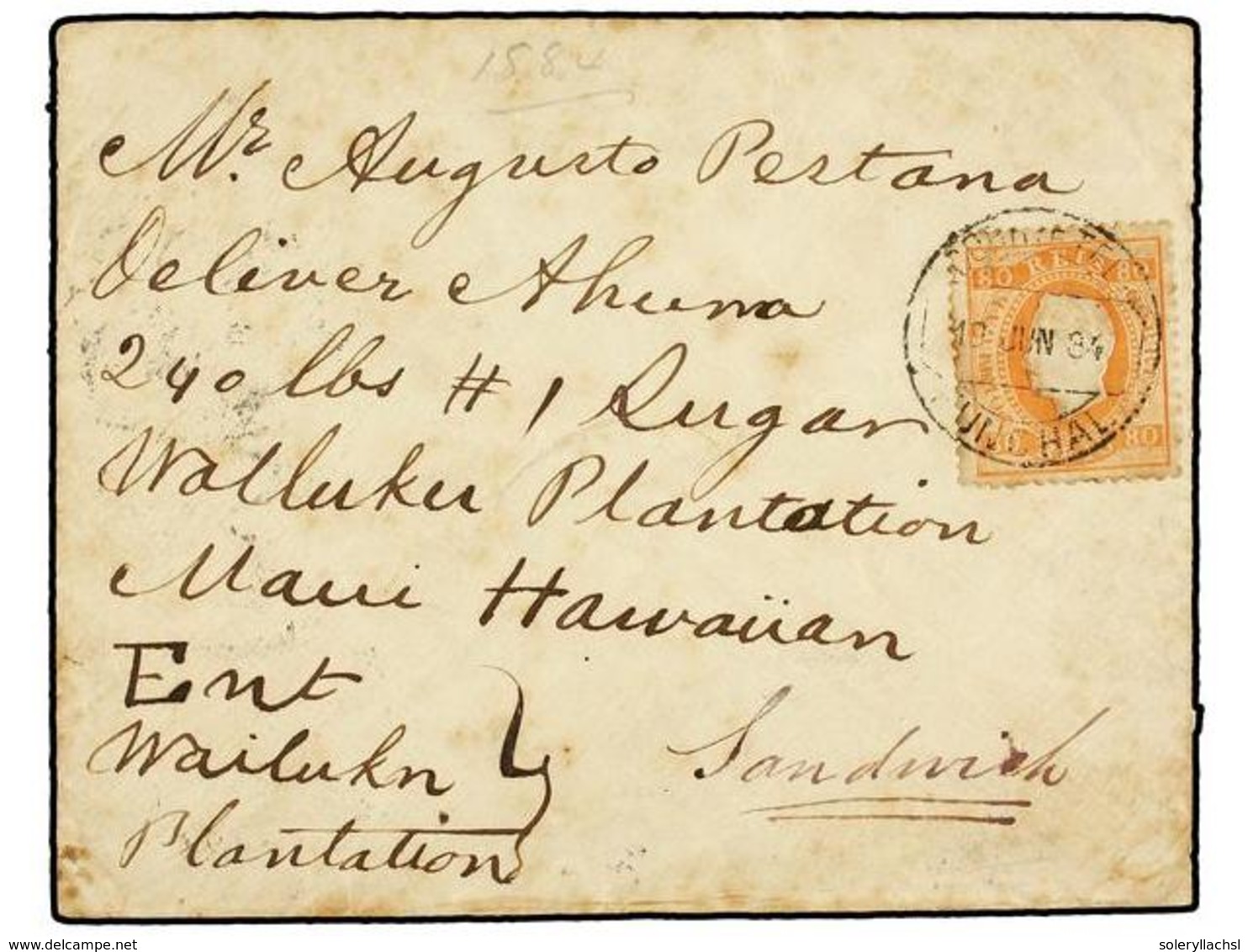 836 PORTUGAL. Af.42. 1884. FUNCHAL (Madeira) A MAUI (Hawaii, Islas Sandwich), <B>80 Reis</B> Naranja. Al Dorso Tránsitos - Andere & Zonder Classificatie