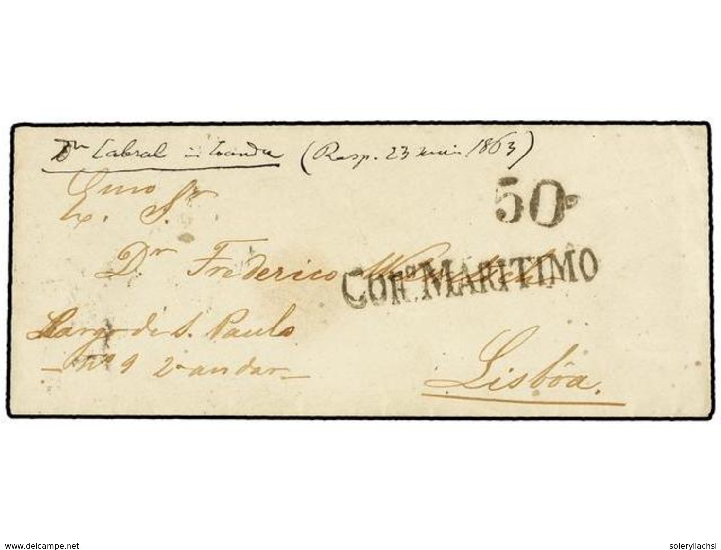 839 ANGOLA. 1863. LOANDA A LISBOA. Sobre Sin Texto, Indicación Manuscrita En El Frente <I>'Dn. Cabral A Loanda'. </I>Mar - Andere & Zonder Classificatie