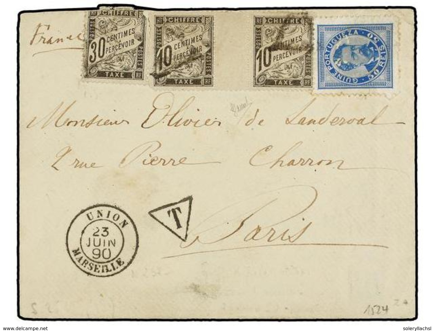 842 GUINEA PORTUGUESA. 1890. GUINEA PORTUGUESA A FRANCIA. <B>50 Reis</B> Azul (no Matasellado), Circulada Por Buque Fran - Autres & Non Classés