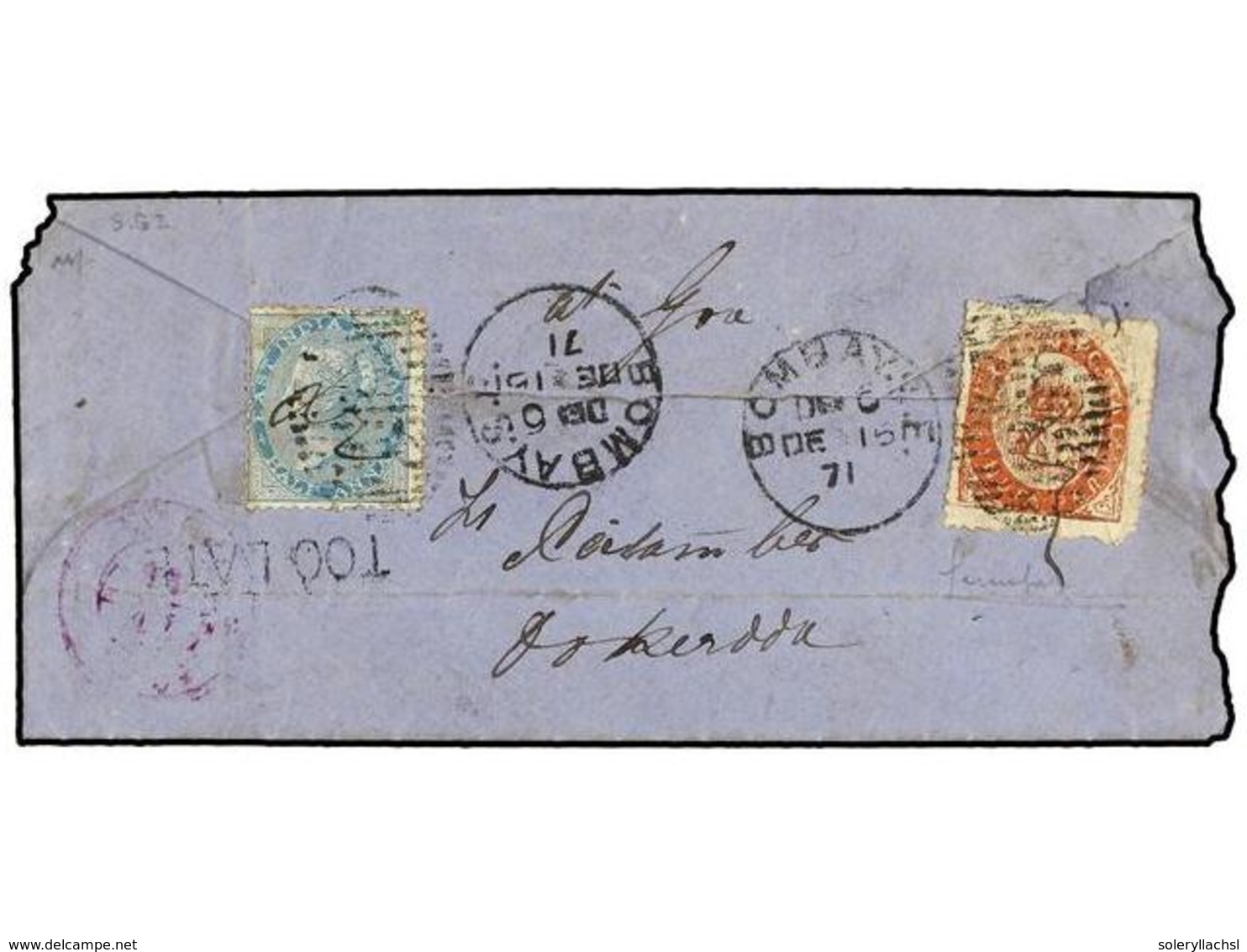 844 INDIA PORTUGUESA. Af.2. 1871 (Dec.). BOMBAY A PANGIM. <B>1/2 Anna </B>azul De India Inglesa Y <B>20 Reis</B> Rojo (d - Other & Unclassified