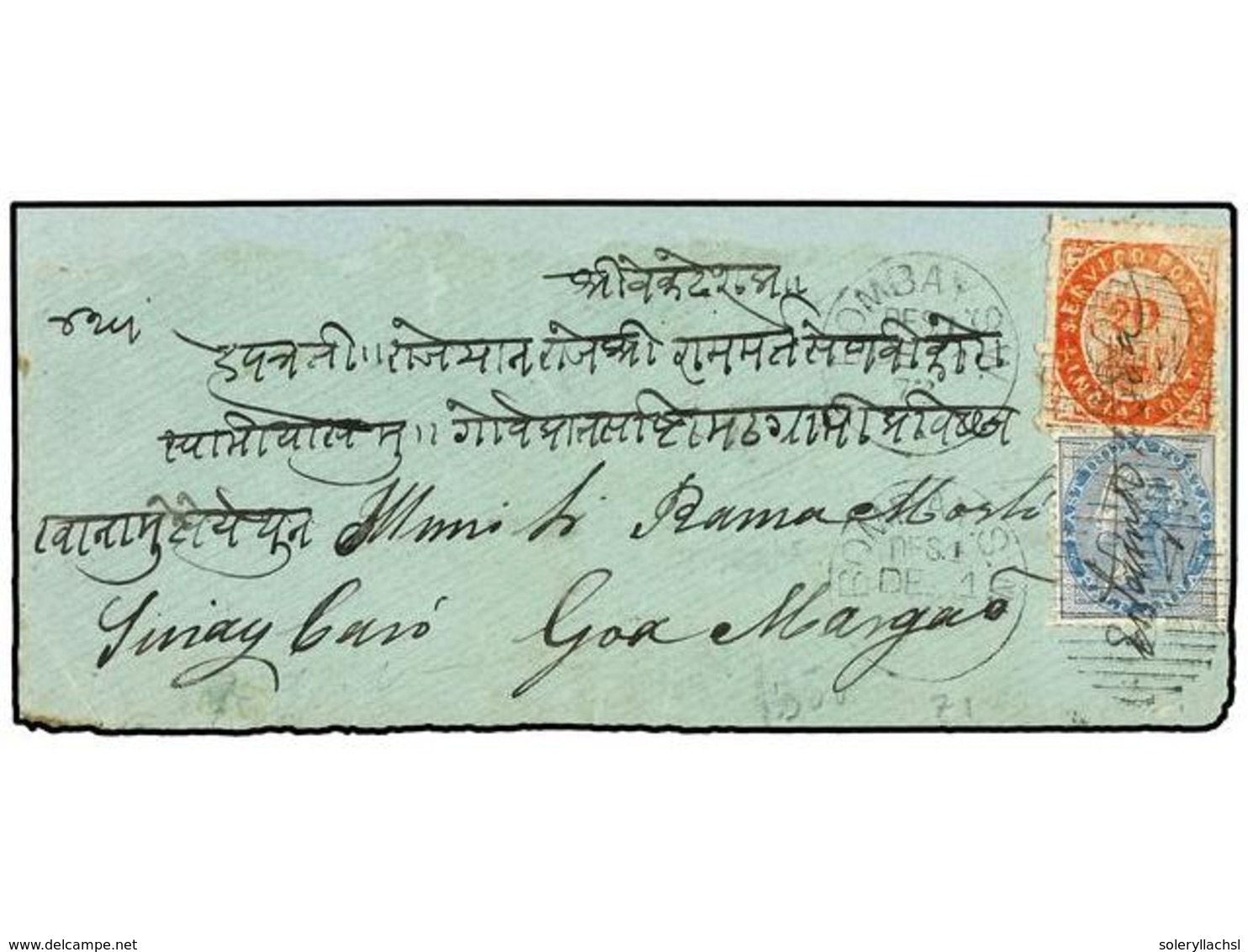 848 INDIA PORTUGUESA. 1873. BOMBAY A MARGAO. <B>1/2 Anna</B> Azul De India Inglesa Y <B>20 Reis</B> Rojo De India Portug - Andere & Zonder Classificatie