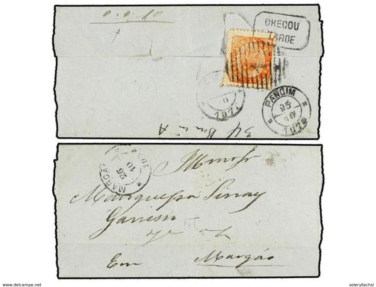 849 INDIA PORTUGUESA. Af.17. 1874. PANGIM A MARGAO. <B>20 Reis</B>, Mat. óvalo <B>'1'</B>, Marca <B>CHEGOU/TARDE</B> Y T - Andere & Zonder Classificatie