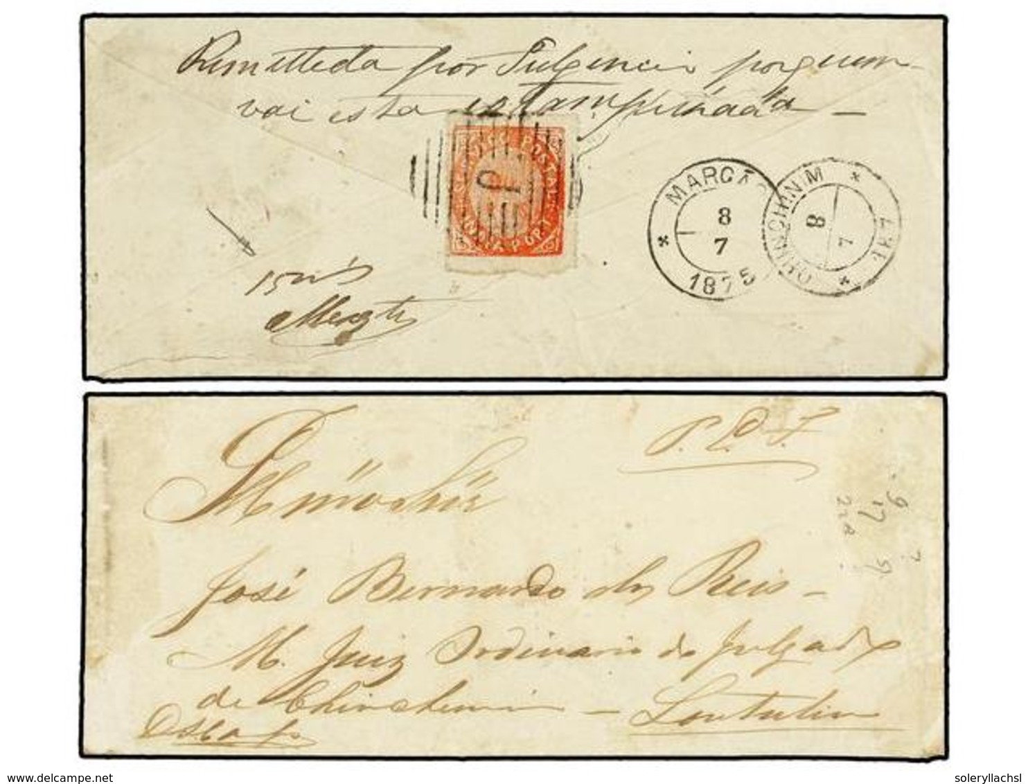 851 INDIA PORTUGUESA. Af.25. 1875. CHINCHINIM A MARGAO. <B>20 Reis</B> Rojo, Mat. óvalo <B>'J'</B> Y Fechadores De Salid - Other & Unclassified