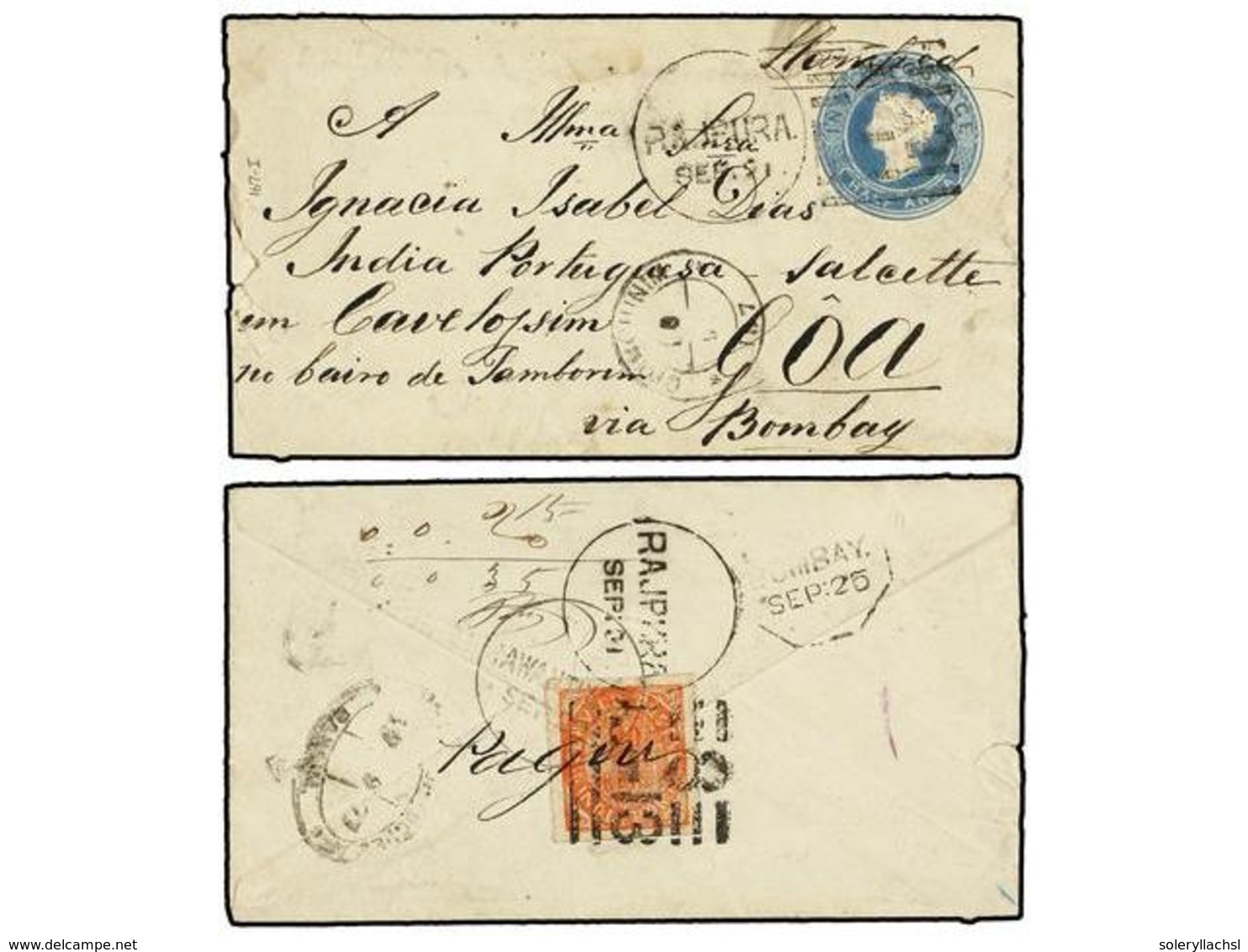 853 INDIA INGLESA. Af.25. 1877. RAJPURA (India Inglesa) A GOA. Entero Postal De <B>1/2 Anna</B> Azul Y Sello De India Po - Autres & Non Classés