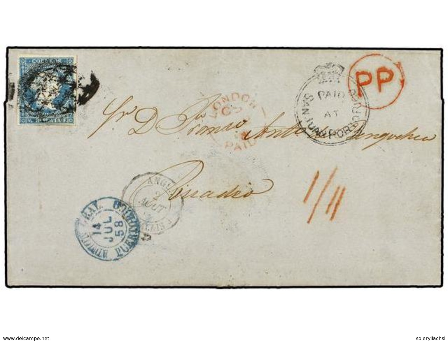 867 PUERTO RICO. 1858. SAN JUAN A RIBADEO (España). Circulada Con Sello De <B>1/2 Real</B> Azul, Mat. <B>PARRILLA COLONI - Andere & Zonder Classificatie