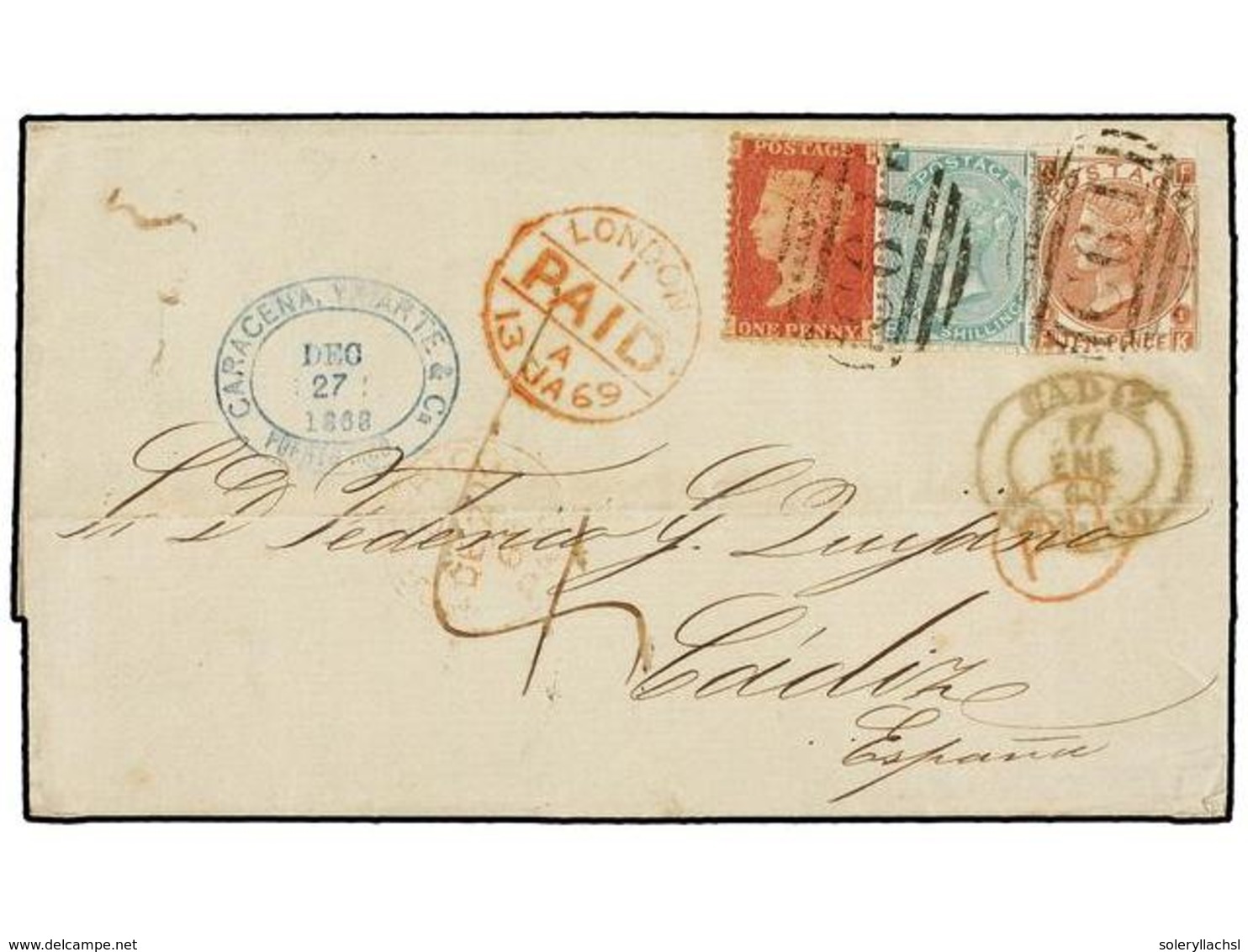 868 ESPAÑA. 1869. SAN JUAN To CÁDIZ (Spain). Entire Letter Franked With Great Britain <B>1d.</B> Red, <B>1sh.</B> Green  - Andere & Zonder Classificatie