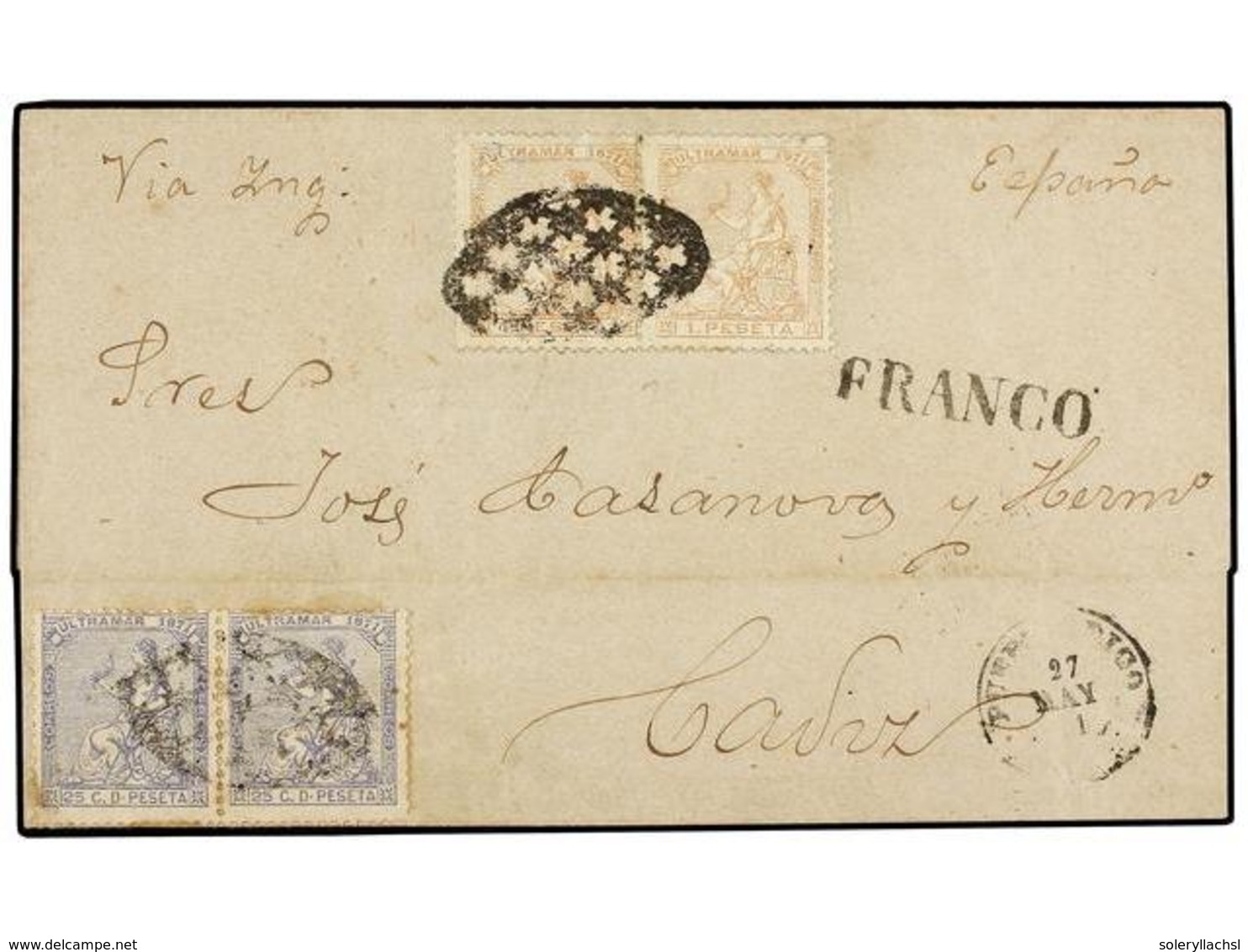 869 COLONIAS ESPAÑOLAS: PUERTO RICO. Ant.22(2), 24(2). 1871. <B>PUERTO RICO. </B>SAN JUAN A CADIZ. <B>25 Cts.</B> Azul ( - Autres & Non Classés