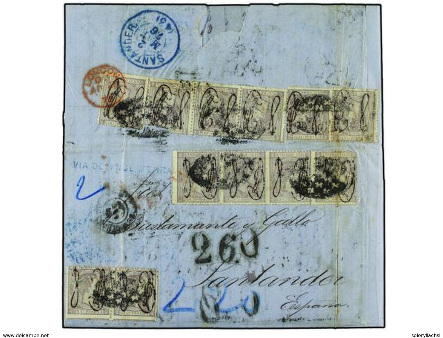 870 PUERTO RICO. Ed.8 (12). 1876 (11 Abril). <B>PUERTO RICO. </B>SAN JUAN A SANTANDER. <B>25 Cts.</B> Gris (12) Franqueo - Autres & Non Classés