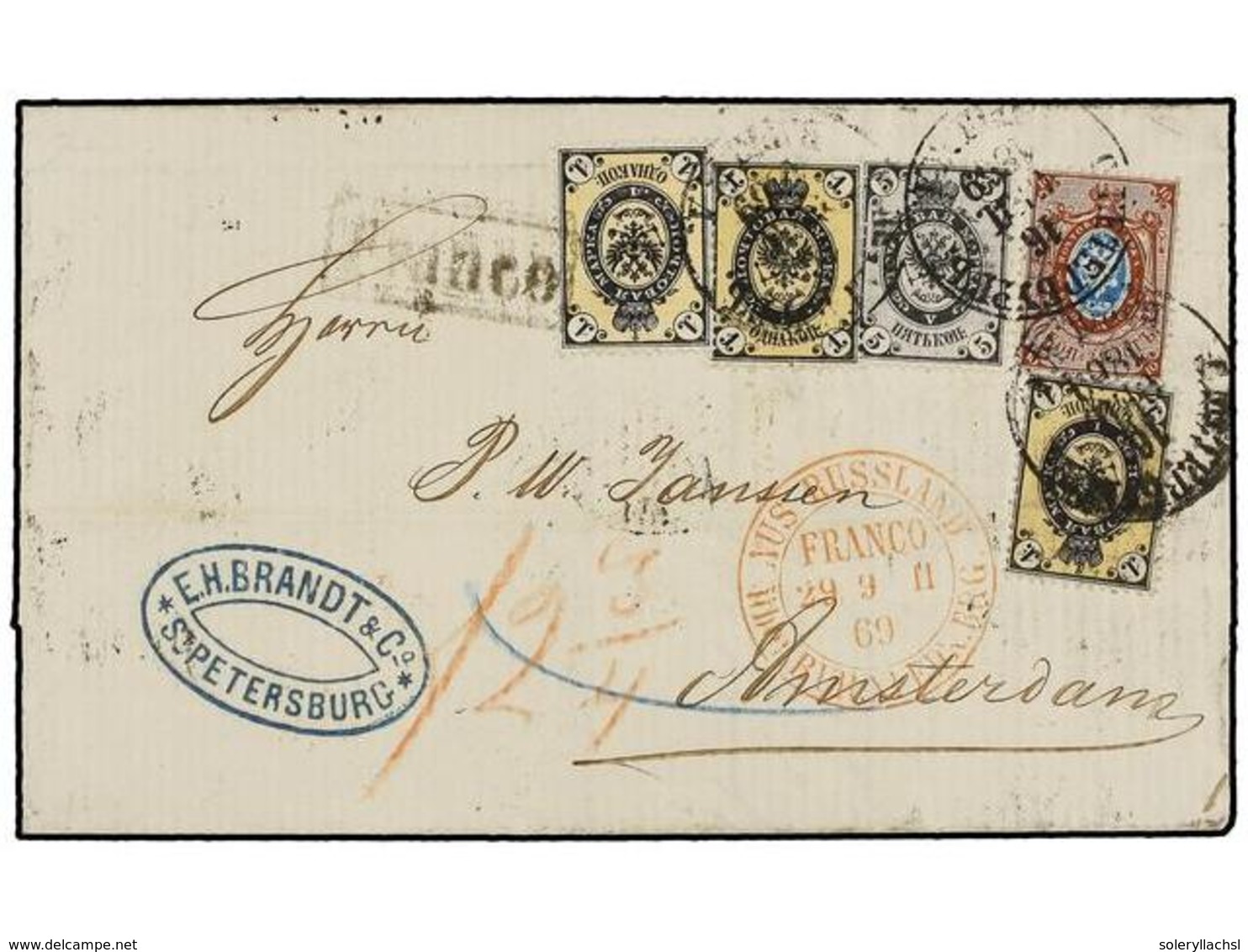 875 RUSIA. 1869. S. PETERSBOURG To HOLLAND. <B>1 K.</B> (3), <B>5 K. </B>and <B>10 K.</B> Charged '12 3/4' On Arrival. - Autres & Non Classés