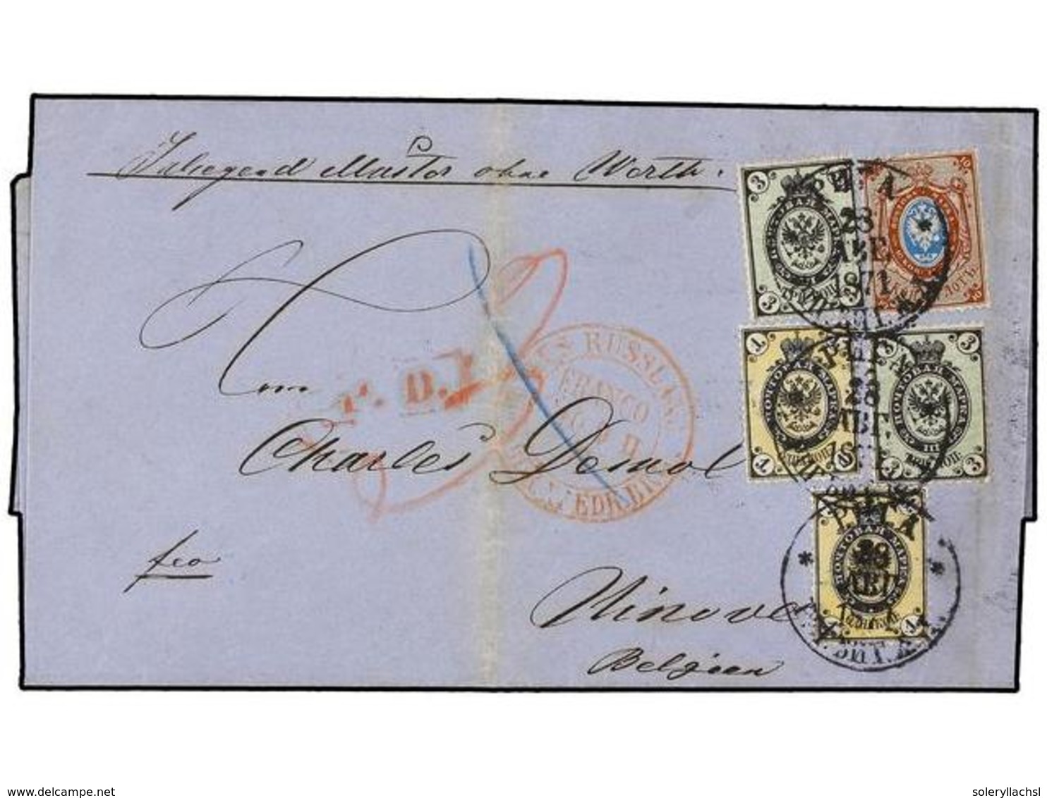 876 RUSIA. 1871. RIGA To NINOVE (Belgium). <B>1 K.</B> (2), <B>3 K.</B> (2) And <B>10 K.</B> - Other & Unclassified