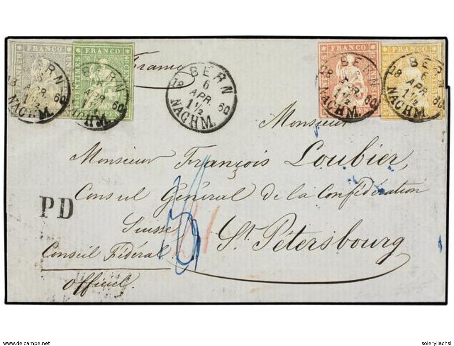 881 SUIZA. 1860. BERNA A ST. PETERSBOURG (Rusia). <B>15 Rp.</B> Rosa, <B>20 Rp.</B> Naranja, <B>40 Rp.</B> Verde Y <B>1  - Autres & Non Classés