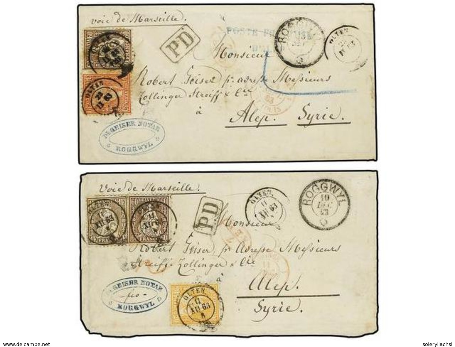 882 SUIZA. 1863. Pair Of Covers From SWITZERLAND Showing Single And Double Tariff, Both From Roggwyl With Sitting Helvet - Sonstige & Ohne Zuordnung