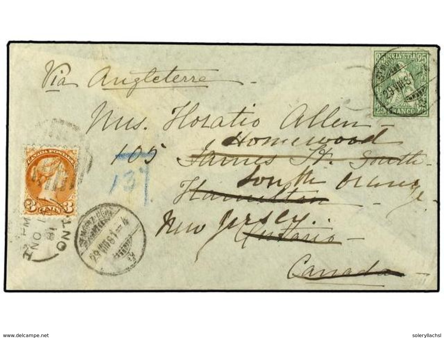 883 SUIZA. 1881 (Aug). ST. MORITZ To HAMILTON (Province Ontario) Redirected To New Jersey (United States). Single Weight - Other & Unclassified