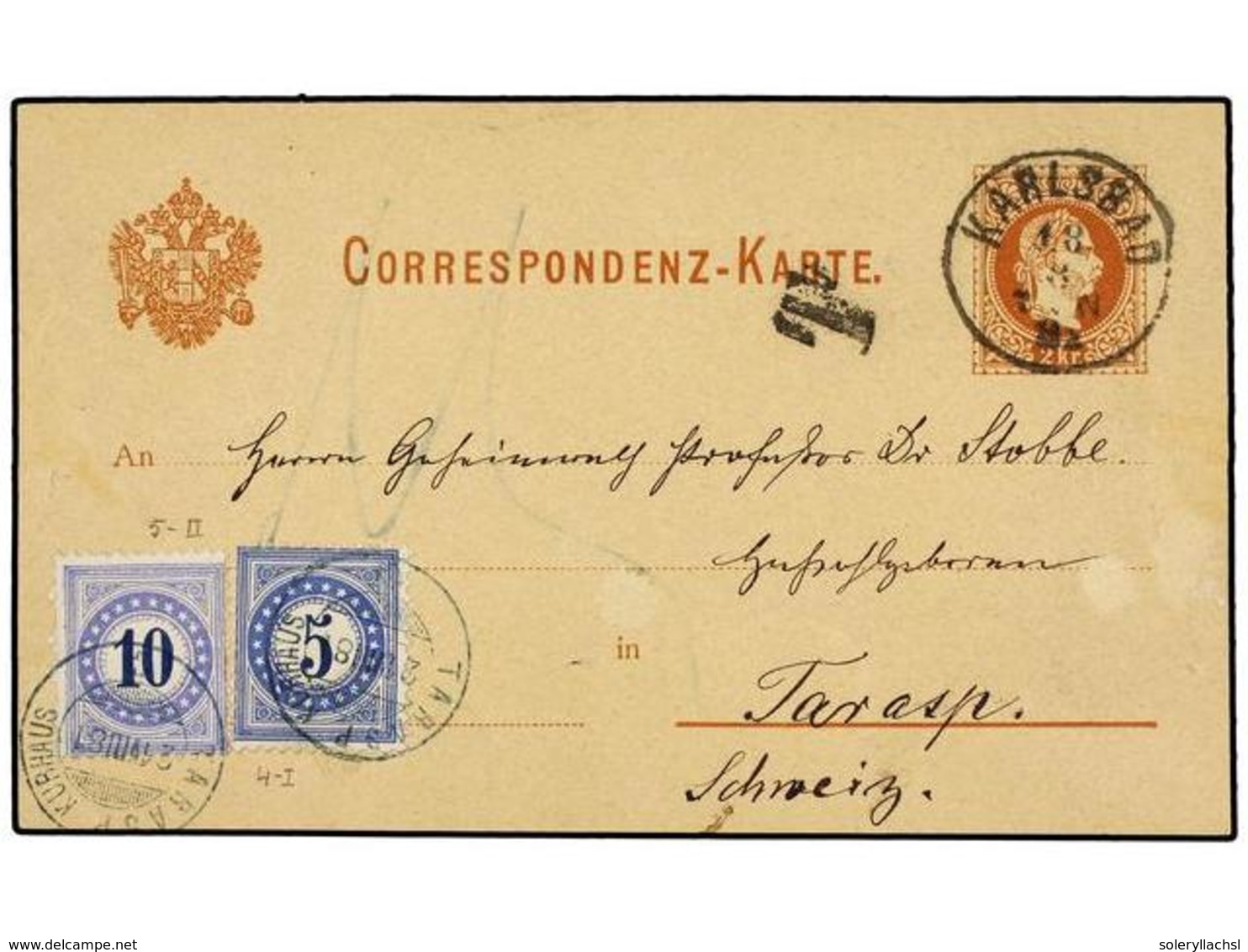 884 SUIZA. Mi.4 I, 5 II. 1881. KARLSBAD (Austria) A TORASP (Suiza). Entero Postal De<B> 2 Kr.</B> Tasado A La Llegada Co - Altri & Non Classificati