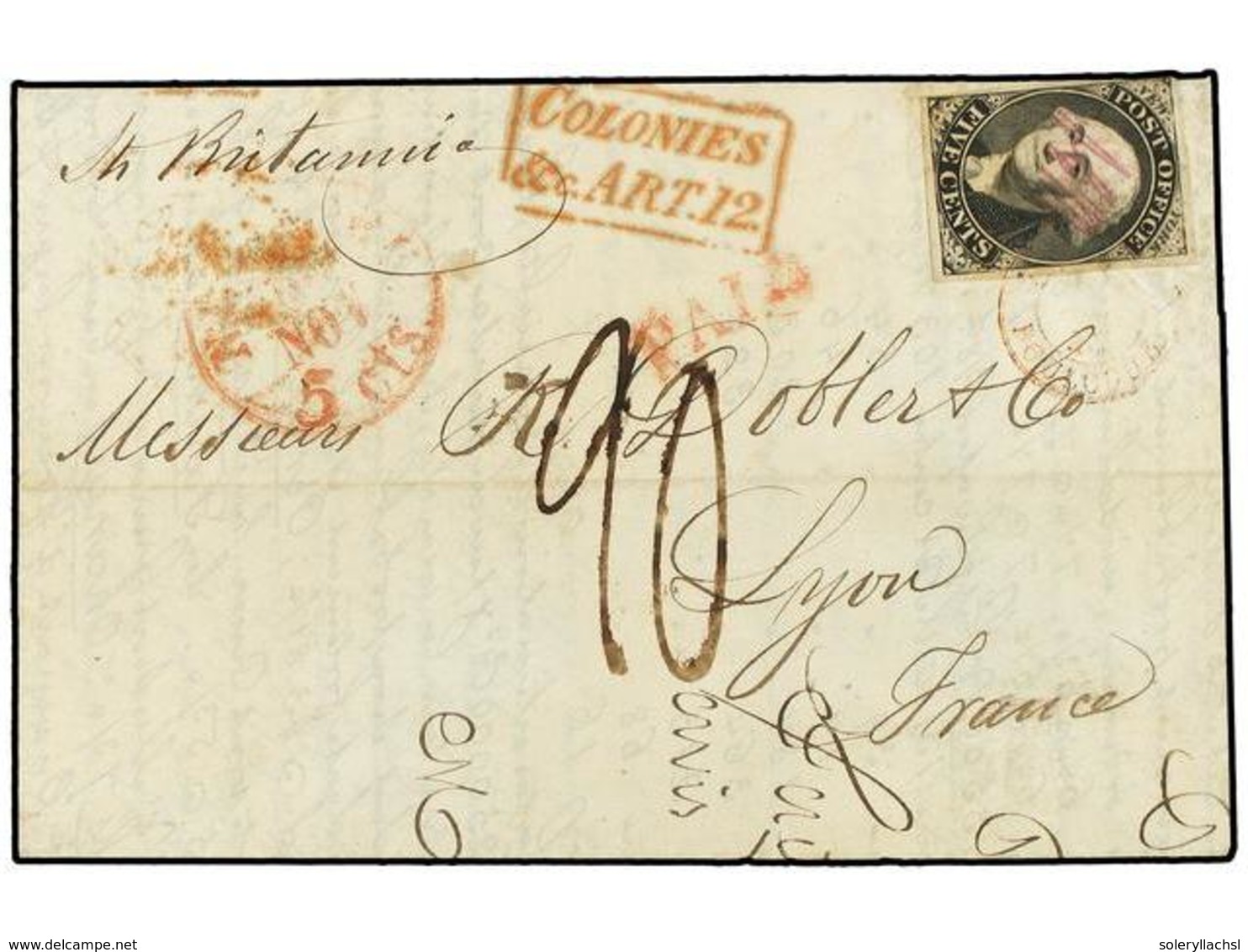 889 ESTADOS UNIDOS. 1843 (Nov 30). Entire Letter From NEW YORK 'per Britannia' To LYON (France) Franked By Fine Postmast - Other & Unclassified