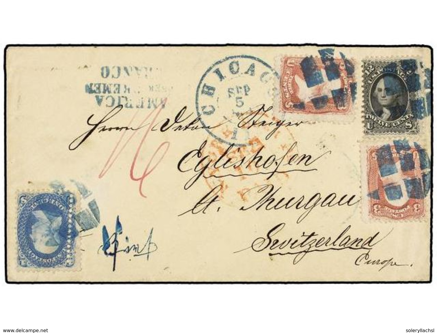 890 ESTADOS UNIDOS. Sg.63, 65 (2), 69. 1864. <B>ONE CENT. DOUBLE VERTICAL PERFORATION VARIETY. </B>CHICAGO To SWITZERLAN - Autres & Non Classés