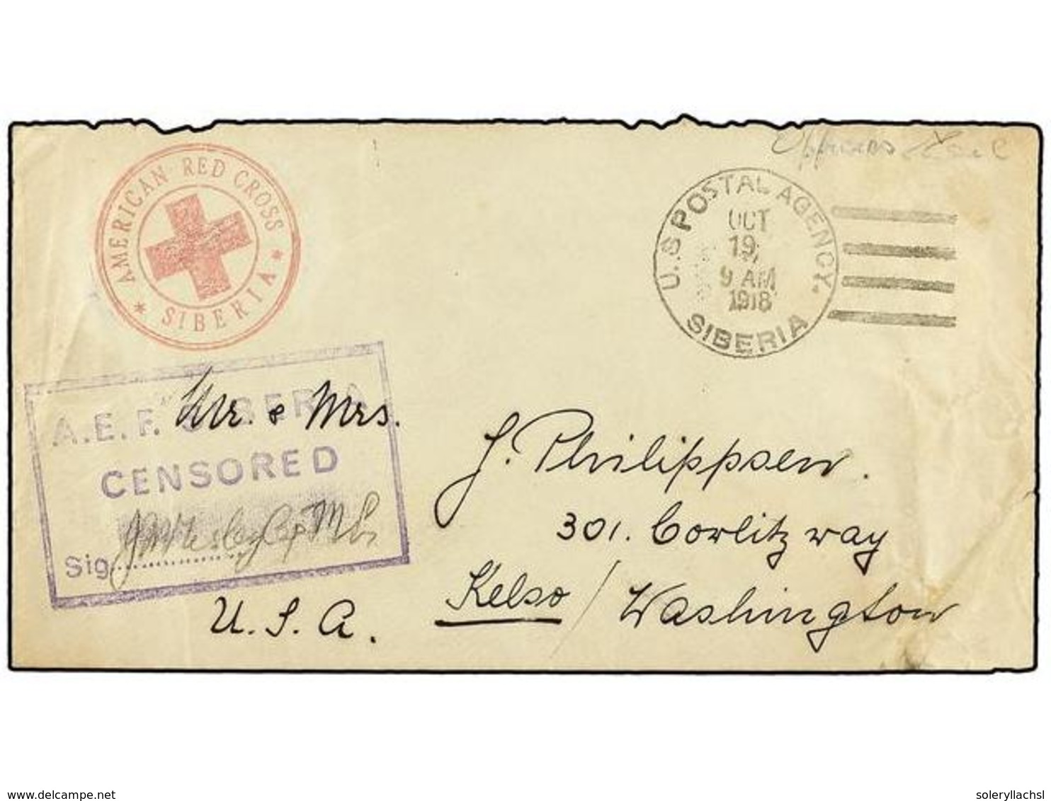 892 ESTADOS UNIDOS. 1918 (Oct.19). <B>U.S. INTERVENTION IN SIBERIA</B>. Envelope To WASHINGTON Endorsed <B>'Officers Mai - Other & Unclassified