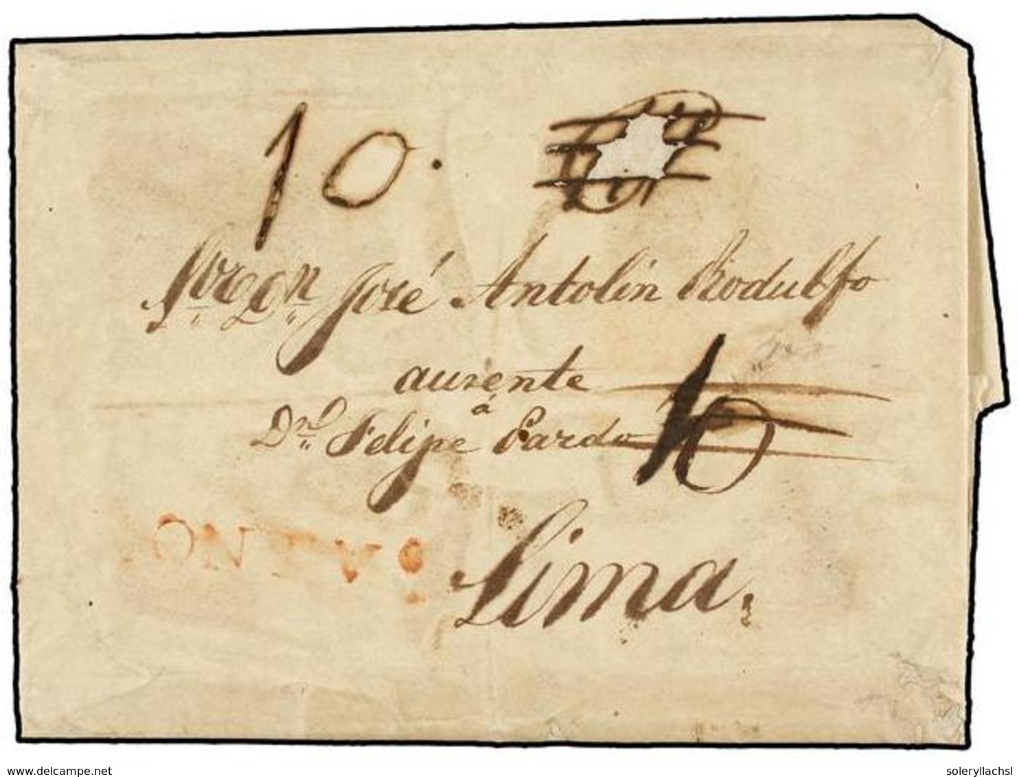 893 URUGUAY. 1829. GIBRALTAR A LIMA (Perú). Carta Completa Circulada Probablemente Por Tierra Hasta Lisboa Y Por Buque P - Autres & Non Classés