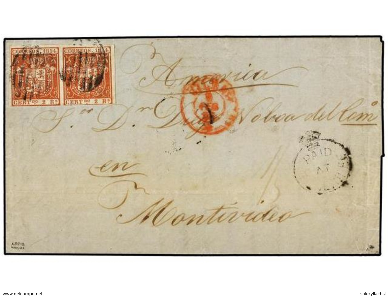 895 ESPAÑA. 1855. BILBAO A MONTEVIDEO (Uruguay). <B>2 Reales</B> Rojo (2) Y Marca<B> PAID/AT/TENERIFE</B> Y Tarifa Manus - Other & Unclassified