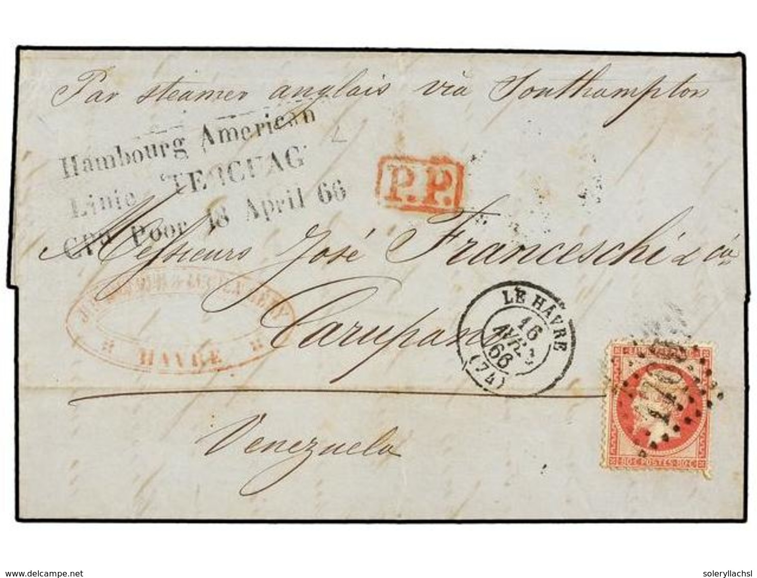 899 VENEZUELA. 1866. LE HAVRE To CARUPANO. Entire Franked With <B>80 Cts.</B> Rose (corner Fault) Tied By <B>'1769'. </B - Other & Unclassified