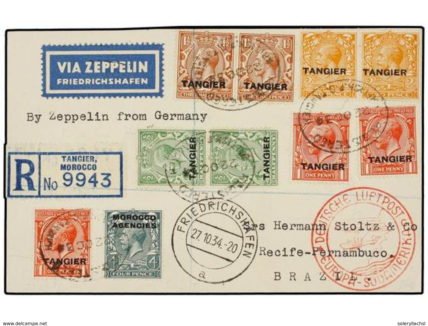 906 ZEPPELIN. 1934. <B>MOROCCO. </B>TANGER A BRASIL. Circulado Con Sellos Del Correo Británico Habilitado <B>TANGIER </B - Sonstige & Ohne Zuordnung