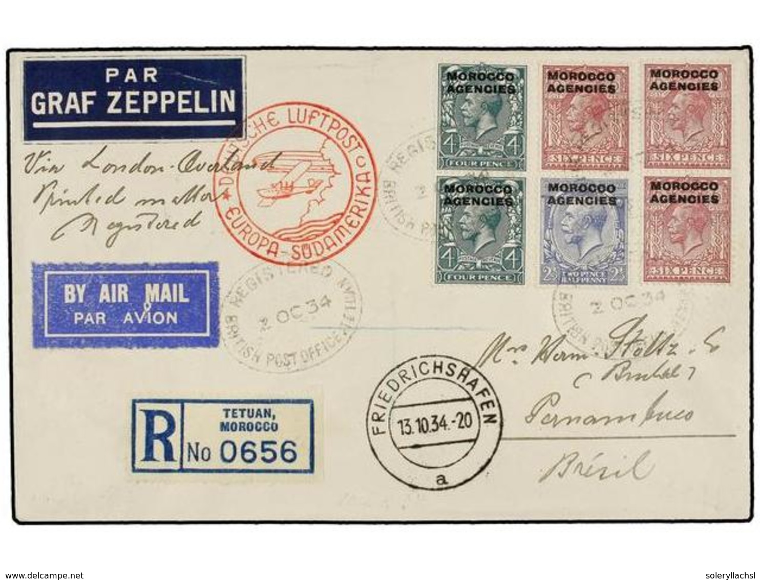 907 ZEPPELIN. 1934. <B>MOROCCO. </B>TETUAN A BRASIL. Circulada Con Sellos Del Correo Británico Habilitados <B>MOROCCO AG - Autres & Non Classés