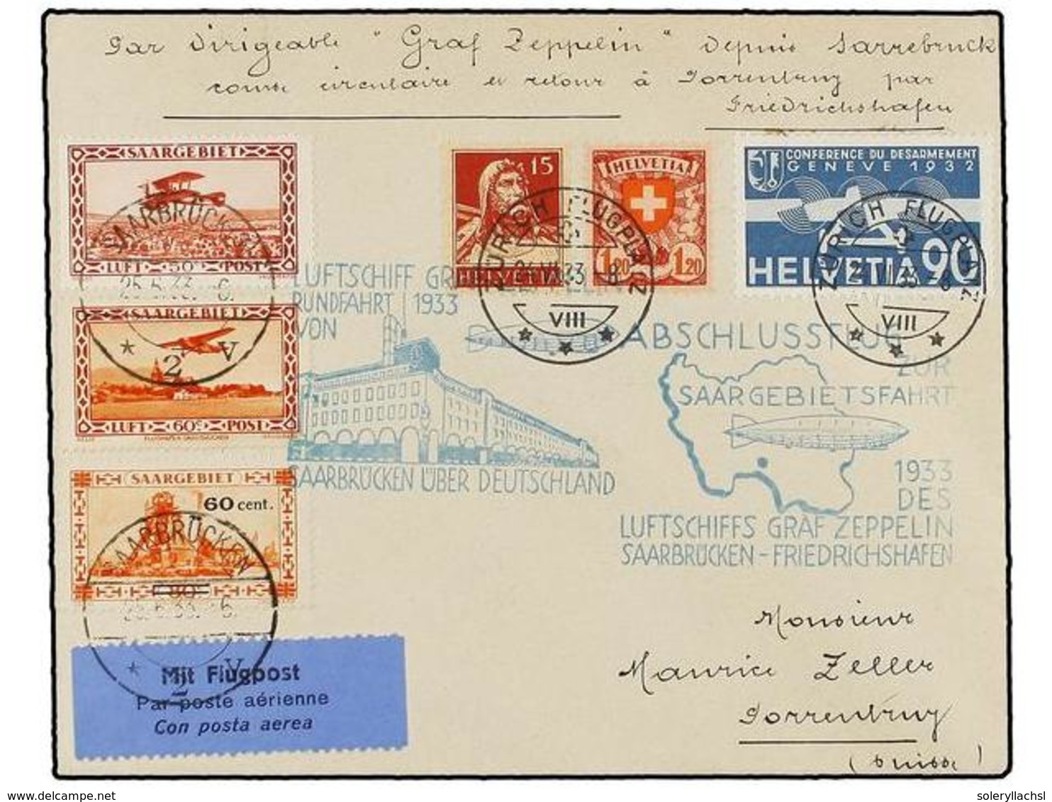 908 ZEPPELIN. 1933 (25-VI). <B>SAAR.</B> SAARBRUCKEN To FRIEDRICHSHAFEN. Saar And Switzerland Mixed Franking With Two Sp - Other & Unclassified