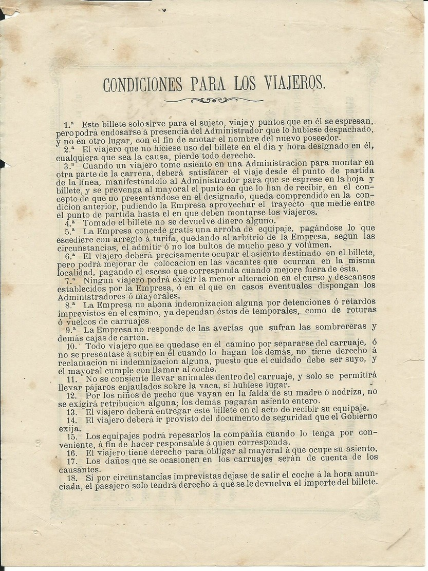 VALENCIA ESPAÑA 1883 MUY RARO BILLETE DE DILIGENCIA - Otros & Sin Clasificación