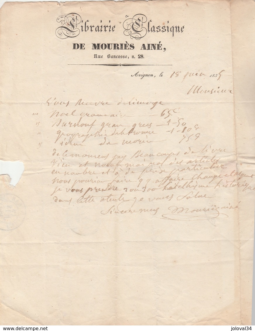 Facture 18/6/1835 De MOURIES Librairie Classique AVIGNON Vaucluse Pour Dornand Carpentras - Cachet Postal - 1800 – 1899