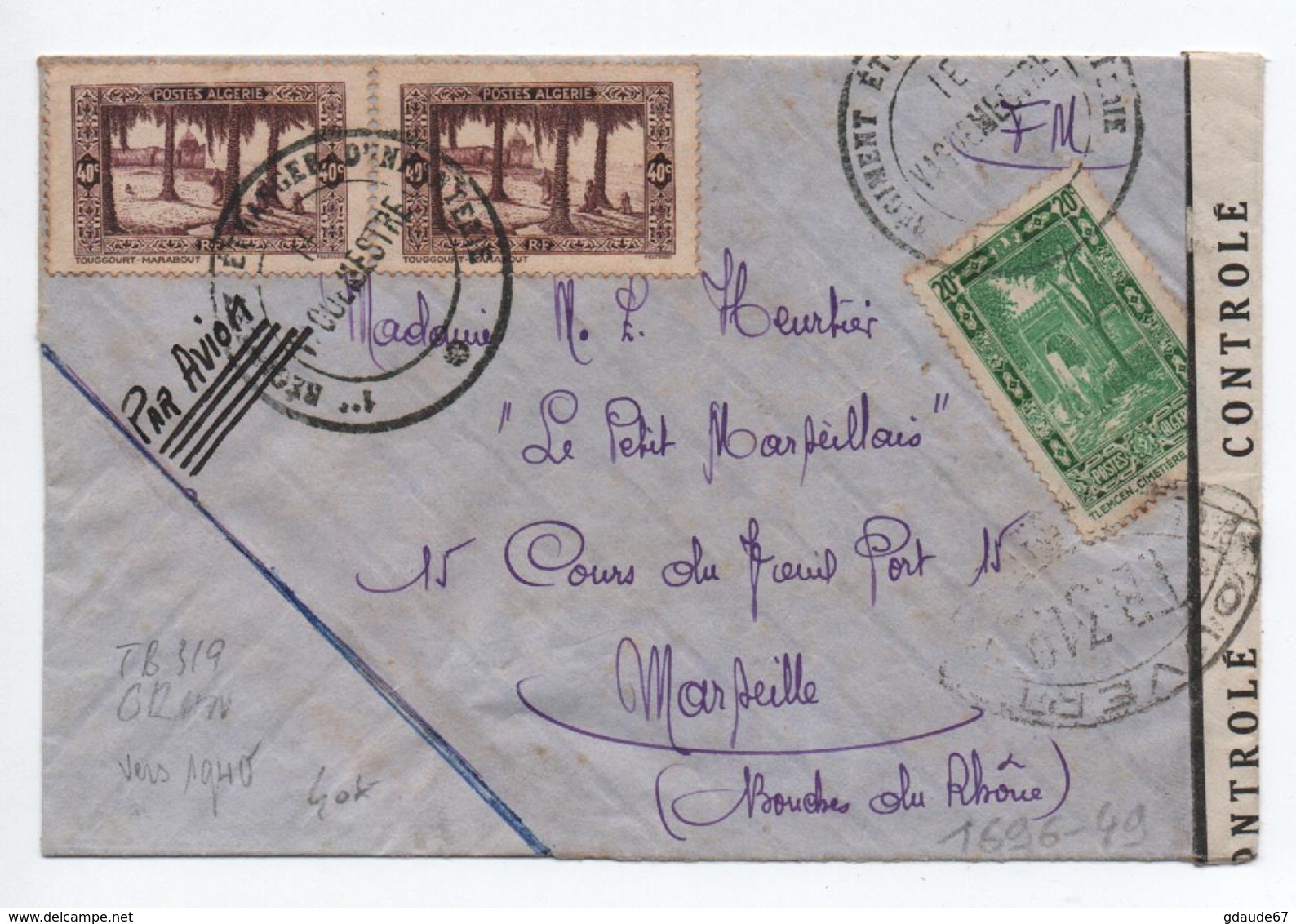 ENVELOPPE ALGERIE Pour MARSEILLE Avec CACHET 1er REGIMENT D'INFANTERIE OBLITERANT LES TIMBRES -> CENSURE - Guerra Del 1939-45