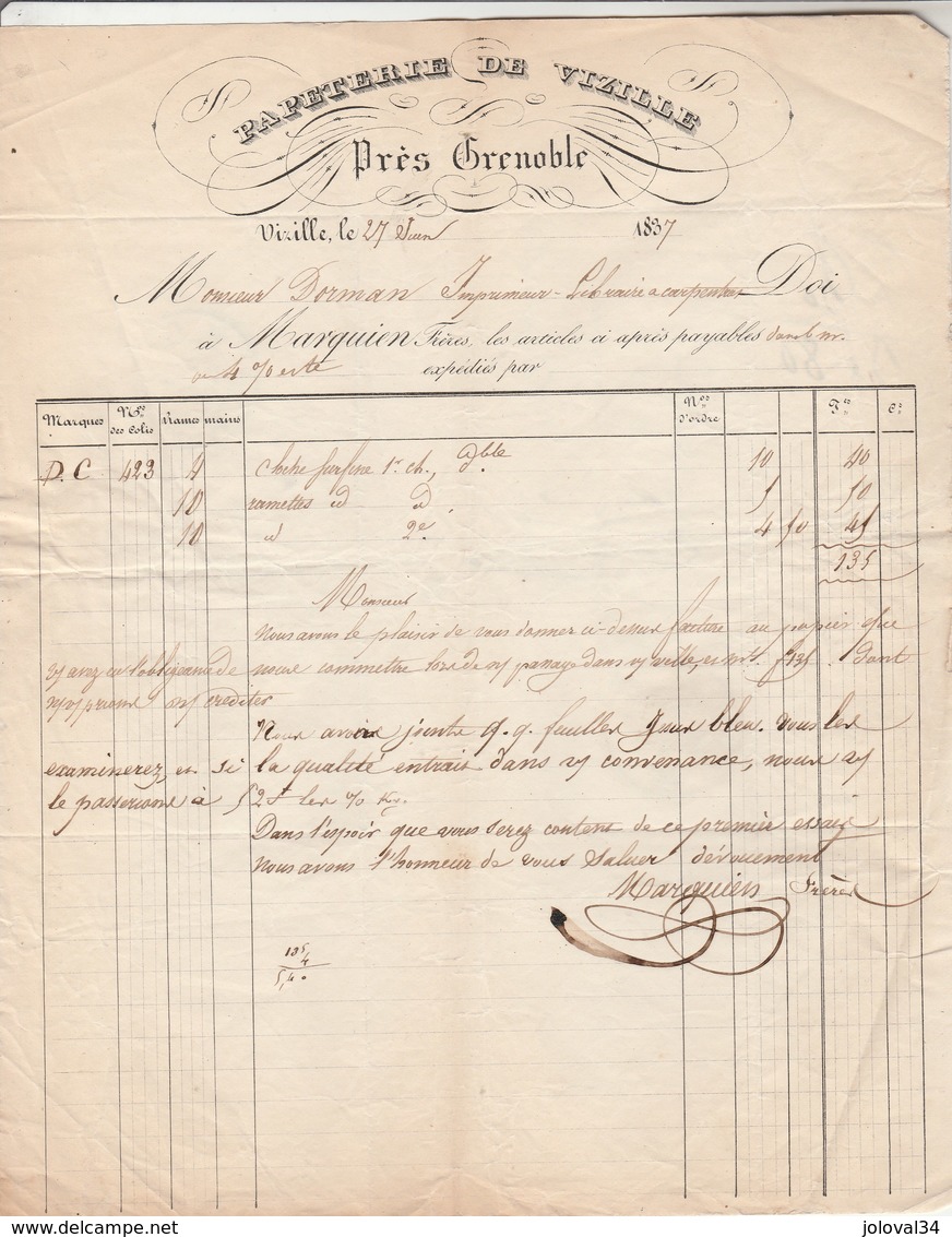 Facture 27/6/1837 MARQUIEN Papeterie De VIZILLE Isère Pour Dornan Carpentras Vaucluse Cachet Postal - 1800 – 1899