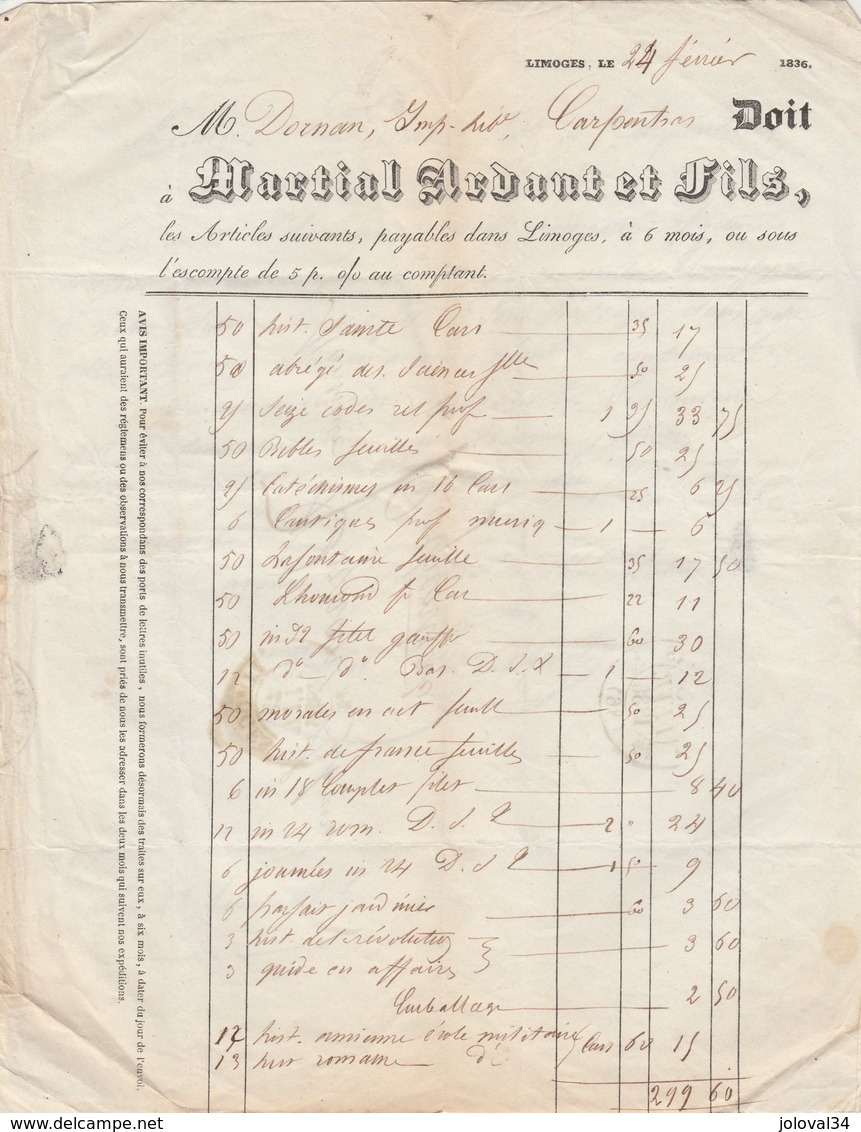 Facture 24/2/1836 MARTIAL ARDANT Imprimeur Lithographe LIMOGES Pour Dornan Carpentras Vaucluse Cachet Postal - 1800 – 1899