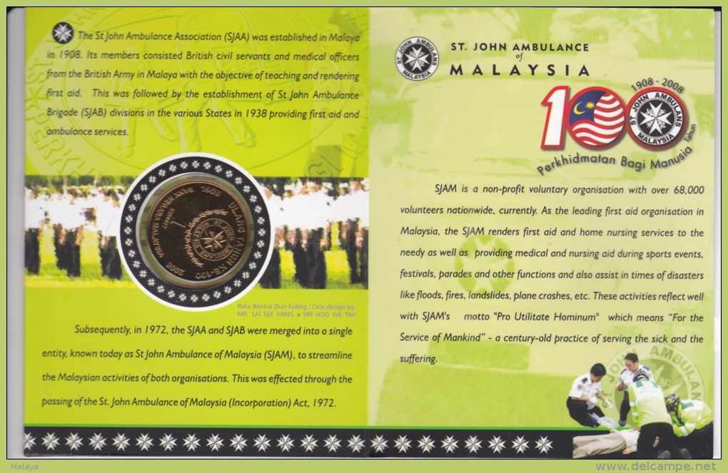 Malaysia Nordic Gold Coin BU 2008 St John Card Coins  100th St. John Ambulance 1 Ringgit Nordic Gold - Malaysia