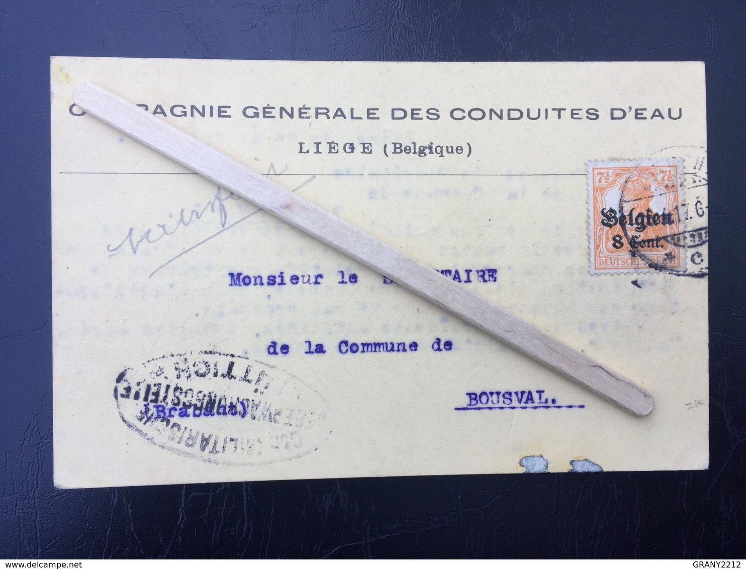 GENAPPE- BOUSVAL »MONSIEUR LE  SECRÉTAIRE DE LA COMMUNE DE BOUSVAL« courrier Compagnie Générale Des Conduites D’eau 1917 - Genappe