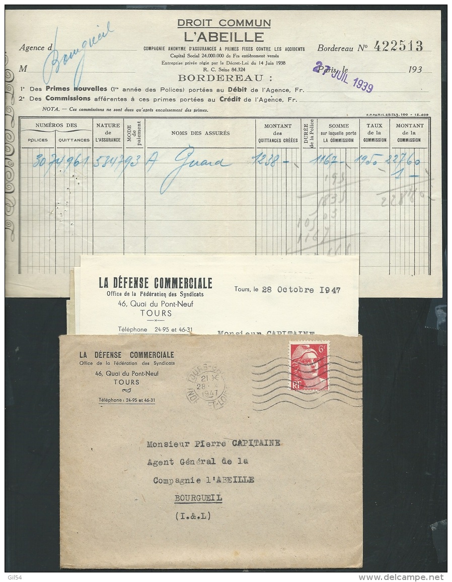 Lac ,affranchie Par Type Gandon N° 721 Oblitéré Tours Gare En Octobre 1947  Pour Bourgueil    Kub2522 - 1945-54 Marianne De Gandon