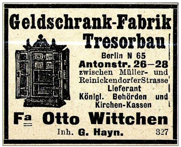 Original-Werbung/ Anzeige 1914 - TRESORBAN / GELDSCHRANK / OTTO WITTCHEN - BERLIN - Ca. 45 X 40 Mm - Publicités