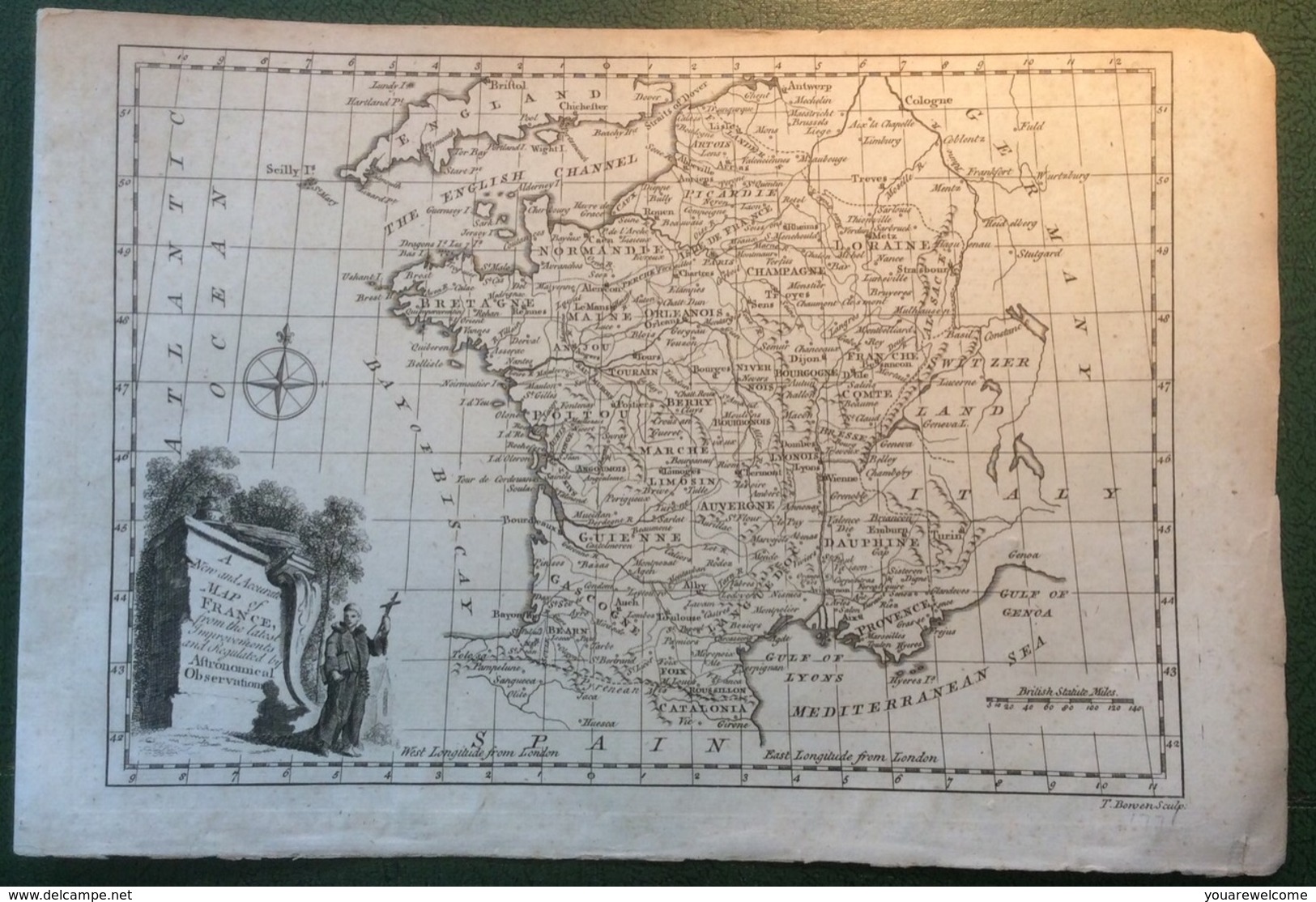 France ~1771 THOMAS BOWEN  Carte Géographique De France (astronomical 18th Century Map - Geographical Maps