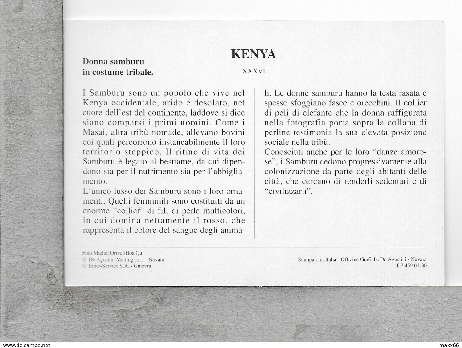 CARTOLINA NV DE AGOSTINI - KENYA - Donna Samburu In Costume Locale - Vedute Dal Mondo - 10 X 15 - Kenia