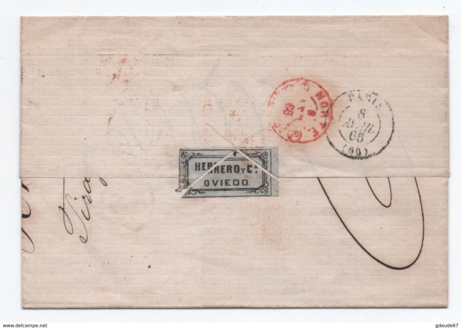 1866 - LETTRE D'OVIEDO (SPAIN) Pour PARIS Avec CACHET D'ENTREE ROUGE "ESPAGNE ST JEAN DE LUZ" -> TAXE 5c - Storia Postale