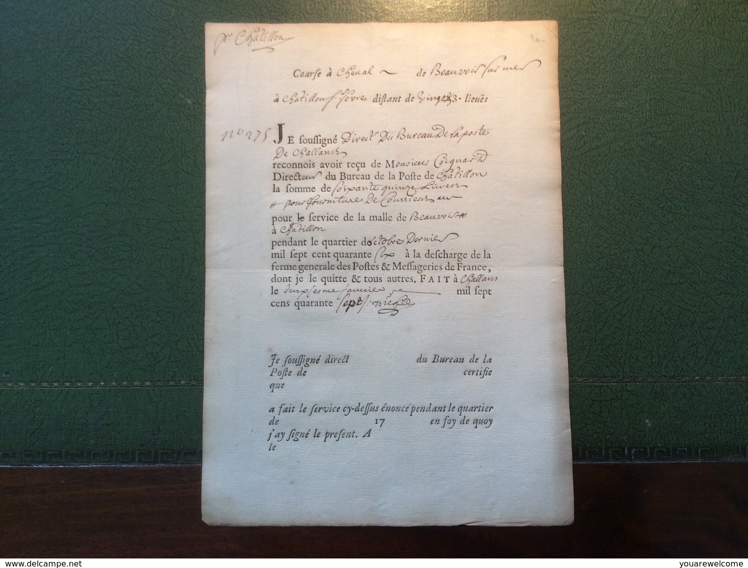 1746 BEAUVOIR SUR MER (79 Vendée)> Chatillon (75)recu Postal (lettre Cheval France Malle Postale - 1701-1800: Vorläufer XVIII