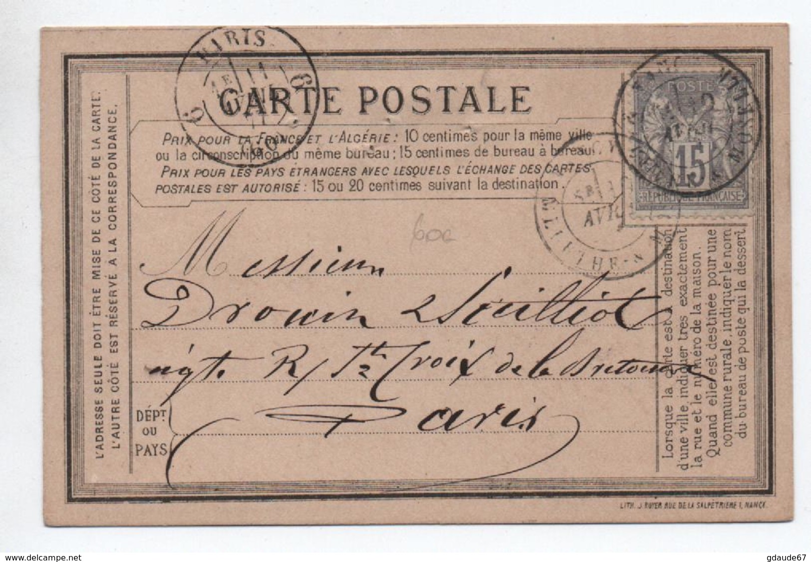 1877 - RARE CARTE PRECURSEUR Avec REPIQUAGE De NANCY (MEURTHE ET MOSELLE) - Cartoline Precursori