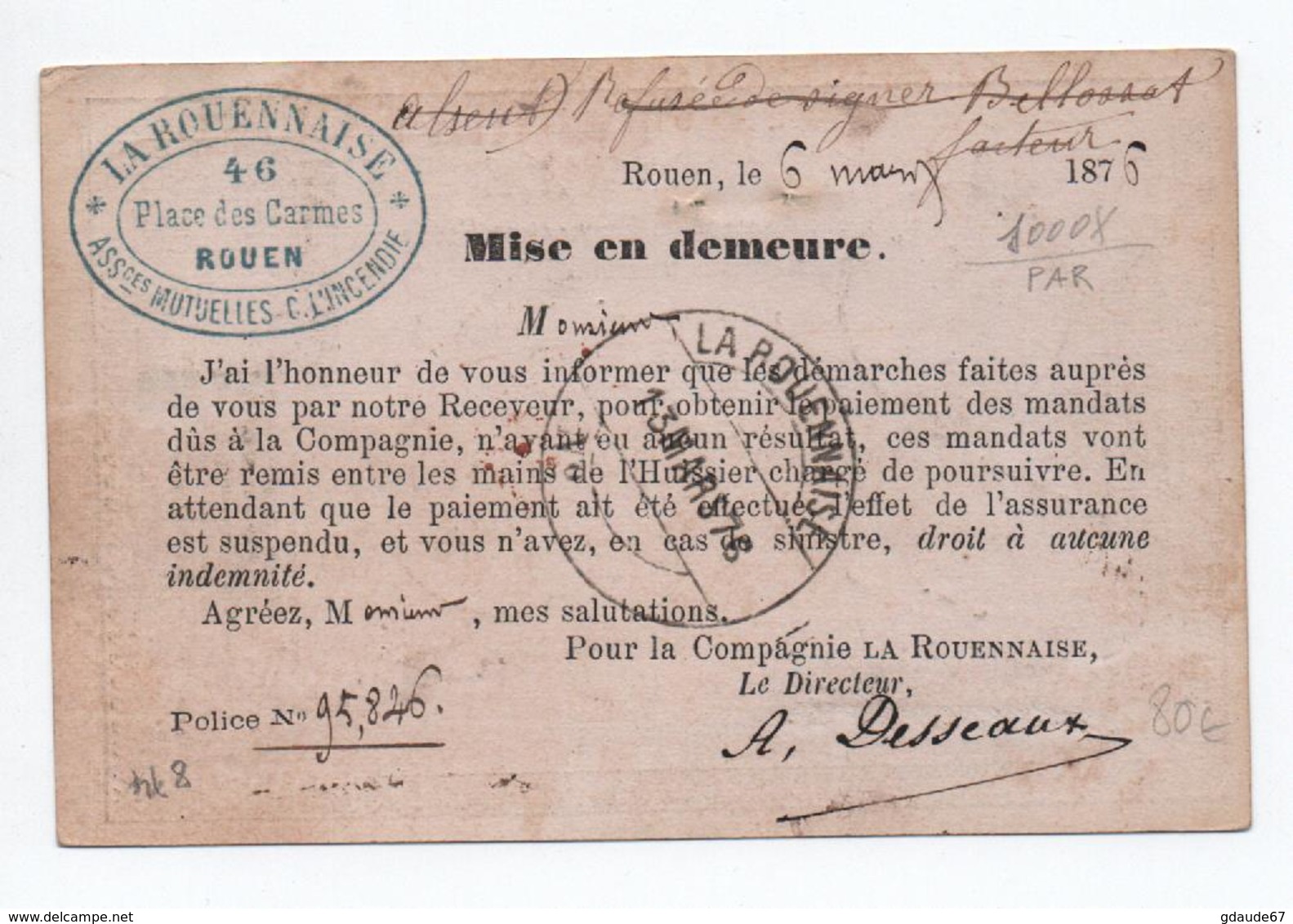 1876 - CARTE PRECURSEUR RECOMMANDEE Avec REPIQUAGE De ROUEN (SEINE MARITIME) -> RETOUR A L'ENVOYEUR 529 - Cartes Précurseurs