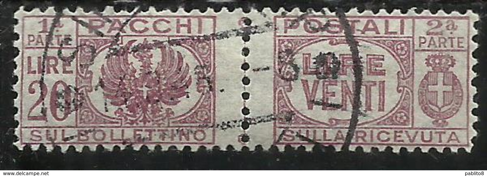 ITALY KINGDOM ITALIA REGNO 1945 LUOGOTENENZA PACCHI POSTALI SENZA FREGIO LIRE 20 USATO USED OBLITERE' FIRMATO SIGNED - Colis-postaux