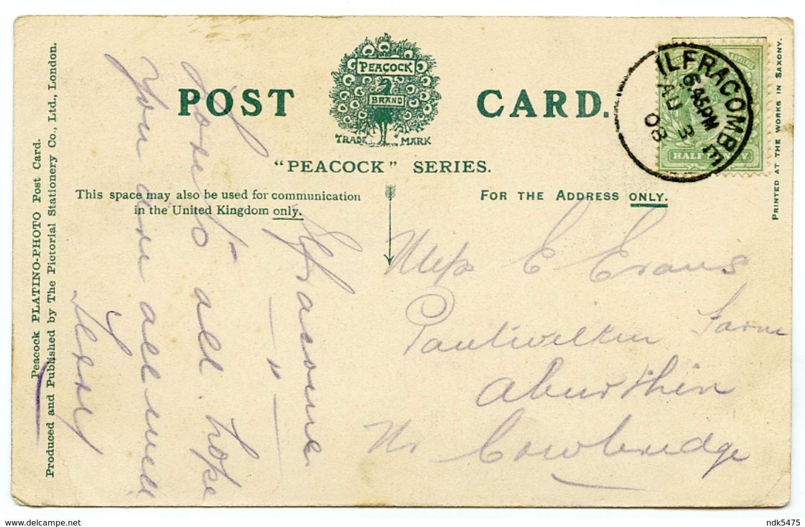 ILFRACOMBE : CAPSTONE HILL AND PAVILION / POSTMARK - ILFRACOMBE (SINGLE CIRCLE) / ADDRESS - COWBRIDGE, ABERTHIN, (FARM) - Ilfracombe