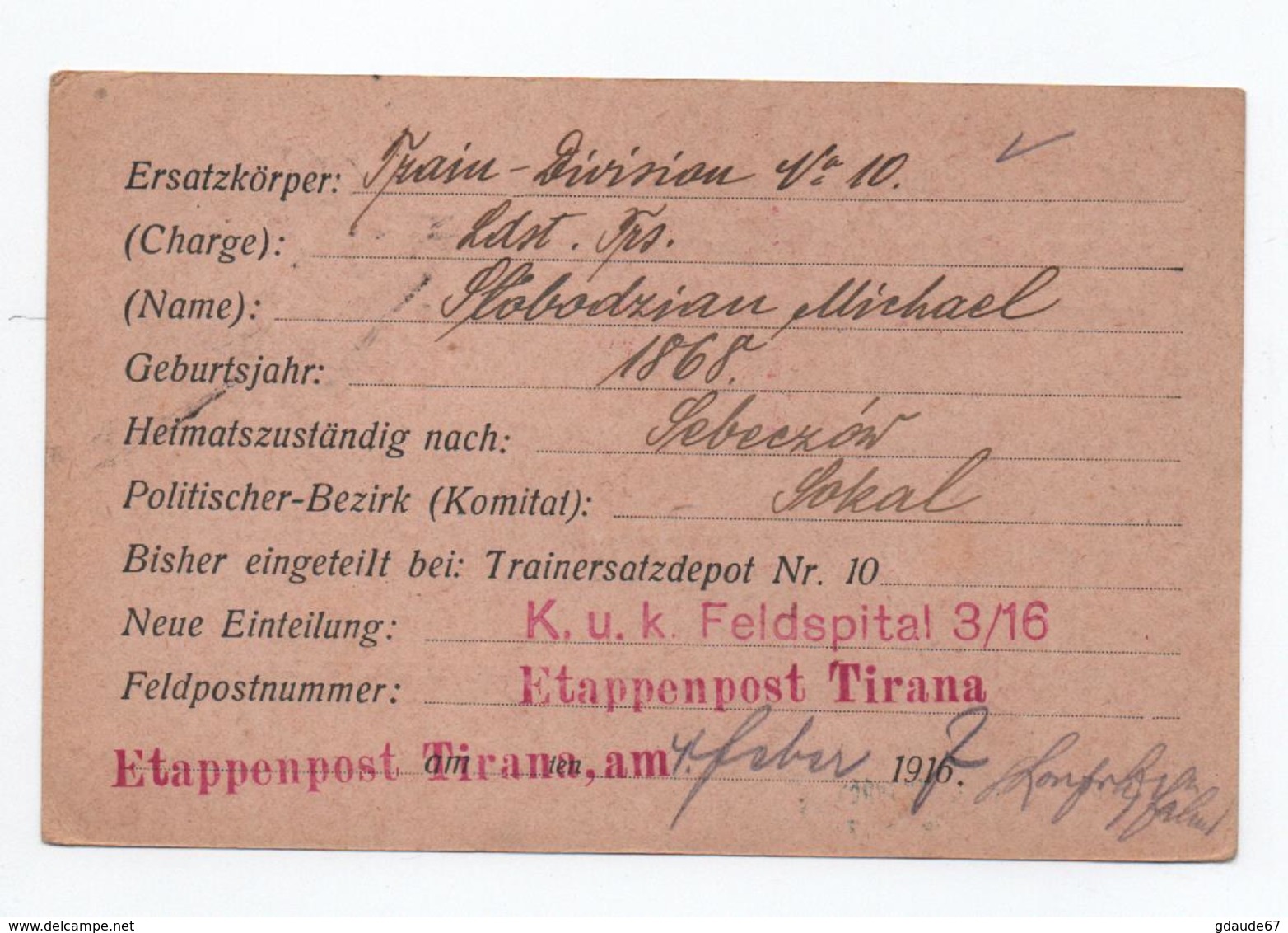 1917 - FELDPOSTKORRESPONDENZKARTE Avec CACHET K.U.K FELDSPITAL 3/16 ETAPPENPOSTAMT TIRANA - Poste Militaire (PM)