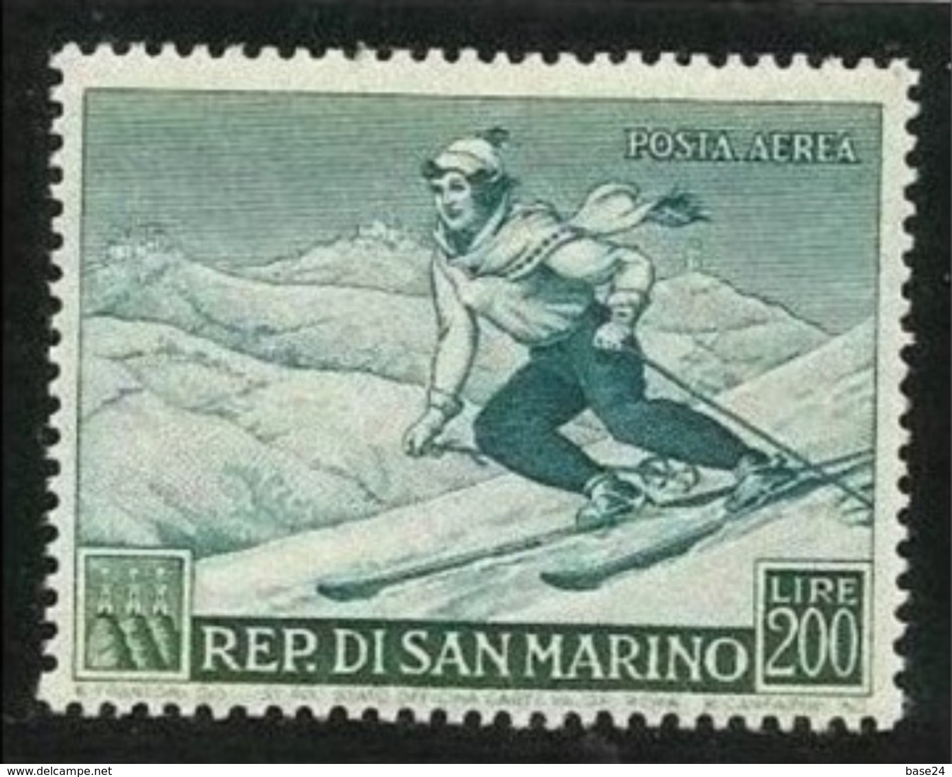 1953 San Marino Saint Marin SPORT I° PROPAGANDA SPORTIVA Sciatrice 200L Verde P. Aerea MNH** SKIER Air Mail - Unused Stamps