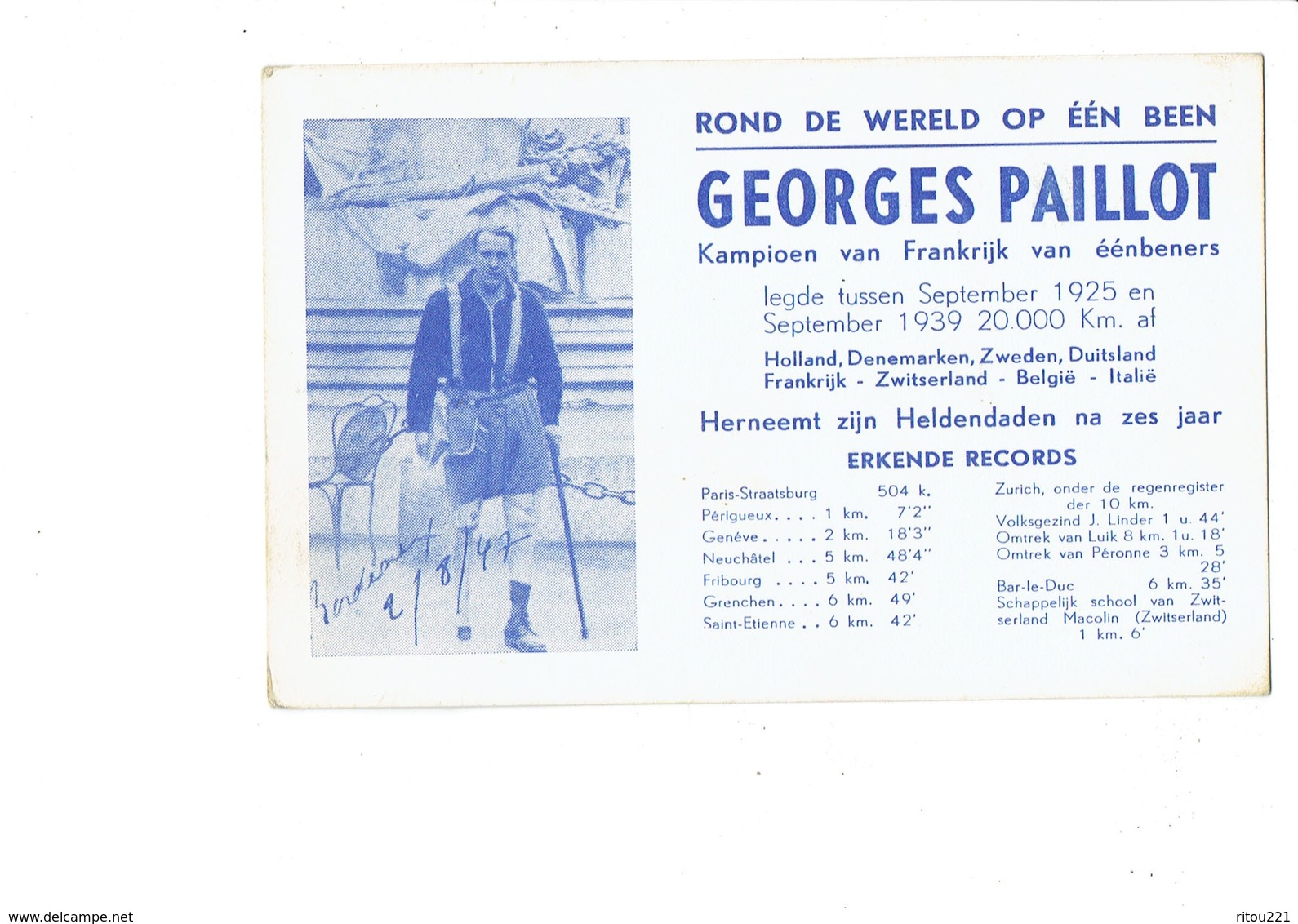 Cpa Insolite - Globetrotter Globe Trotter Georges Paillot France Tour De Monde 1925  Unijambiste Handicap Signature - Manifestations