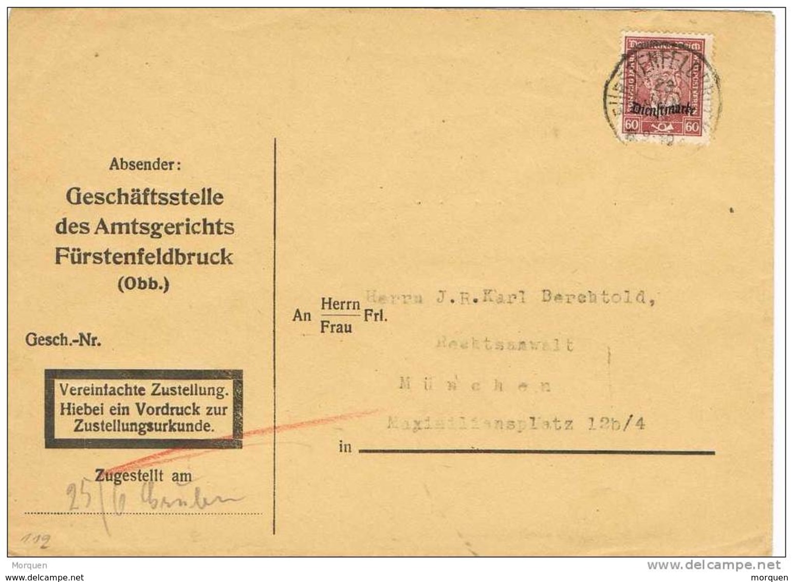 28548. Carta Oficial FURSTENFELDBRUCK (Alemania Reich) 1928. SERVICE - Oficial