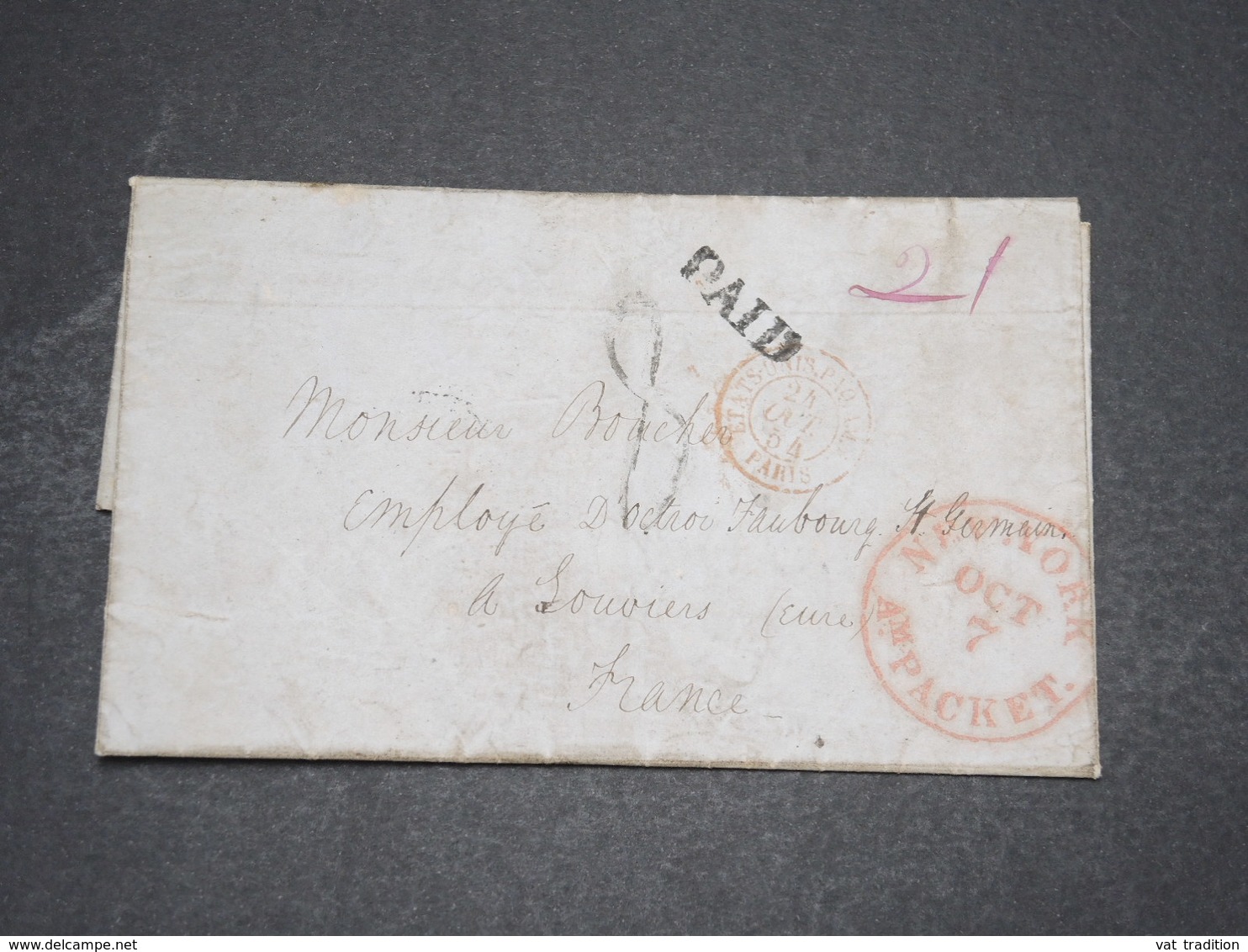 ETATS UNIS - Lettre De New York Pour La France En 1854 , Cachets D 'entrée , Marques D 'échange - L 16554 - Marcophilie